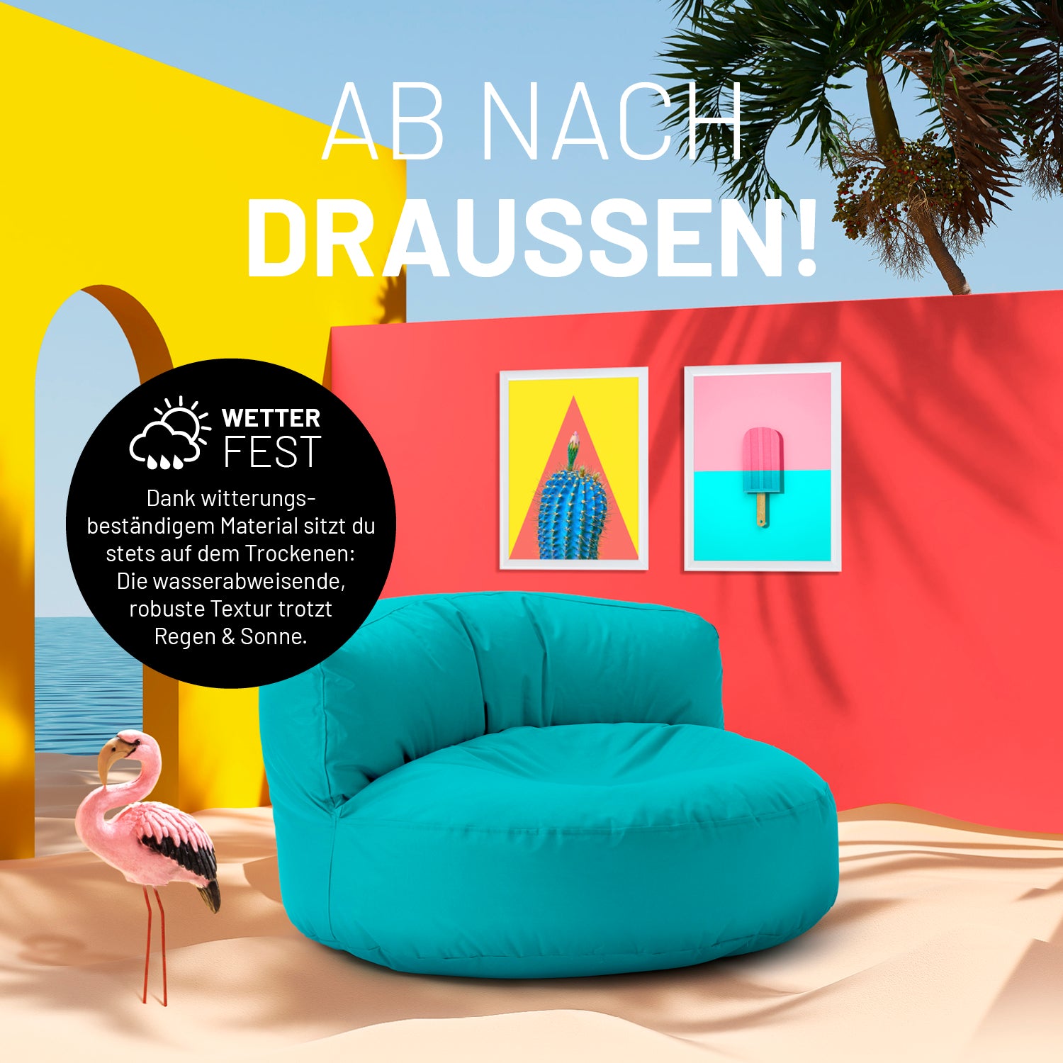 Sitzsack Lounge (320 L) Aquamarin, wetterfest, leicht, robust, witterungsbeständig, für drinnen und draußen, mit verdecktem Reißverschluss.