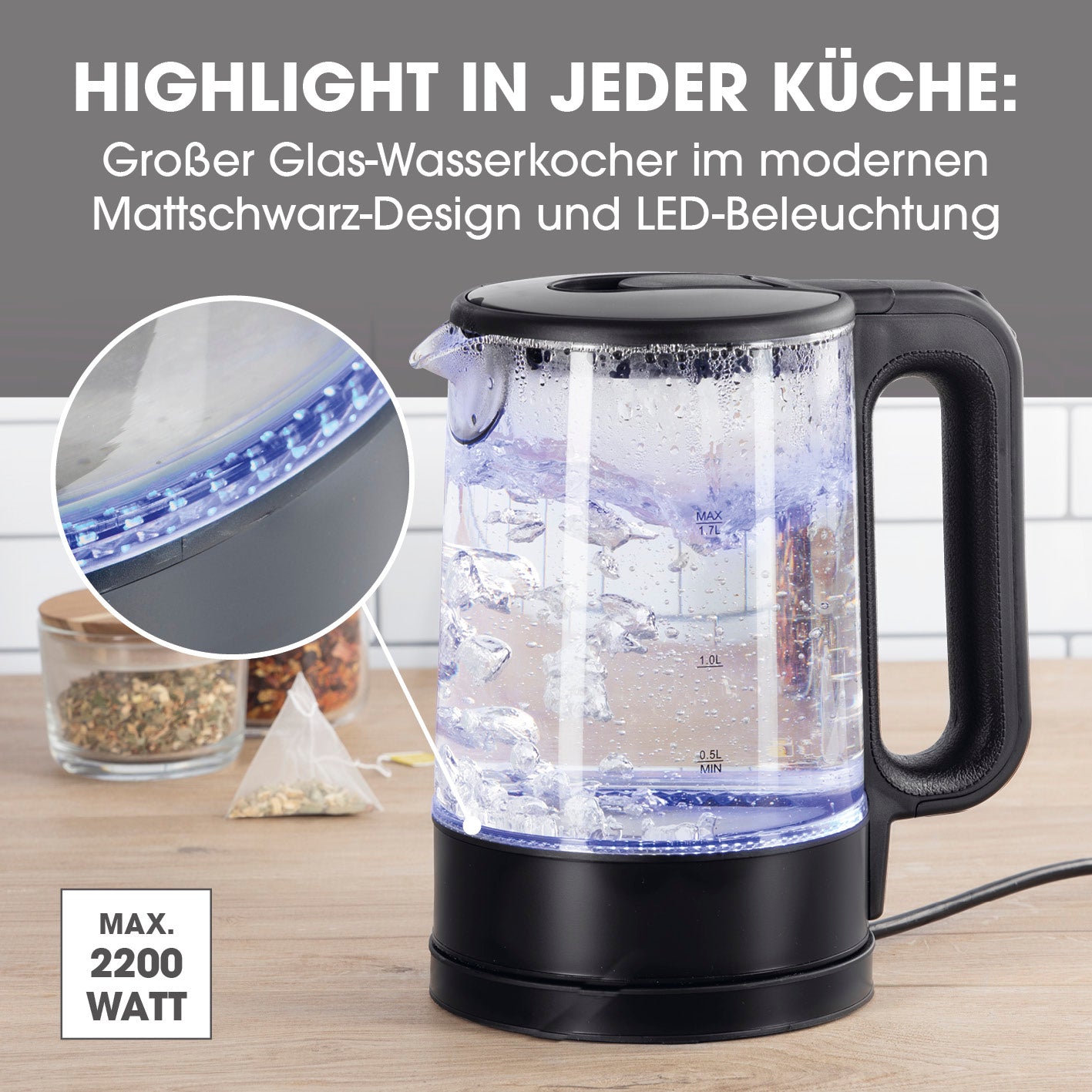 Glas-Wasserkocher LED - 1,7l - schwarz matt