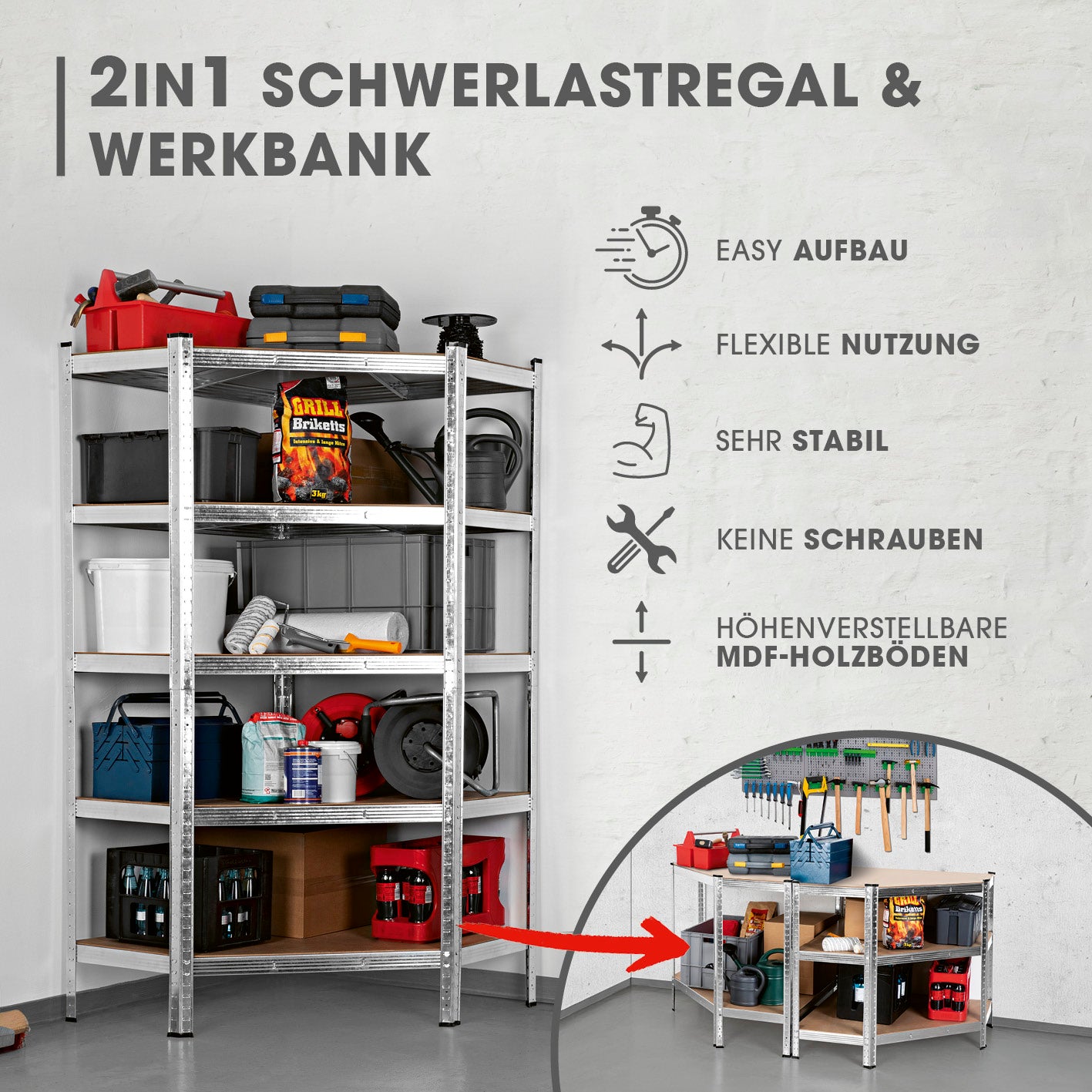 Schwerlast-Eckregal & Werkbank - 180 x 90 x 40 cm - 875 kg Traglast, 175 kg pro Ebene