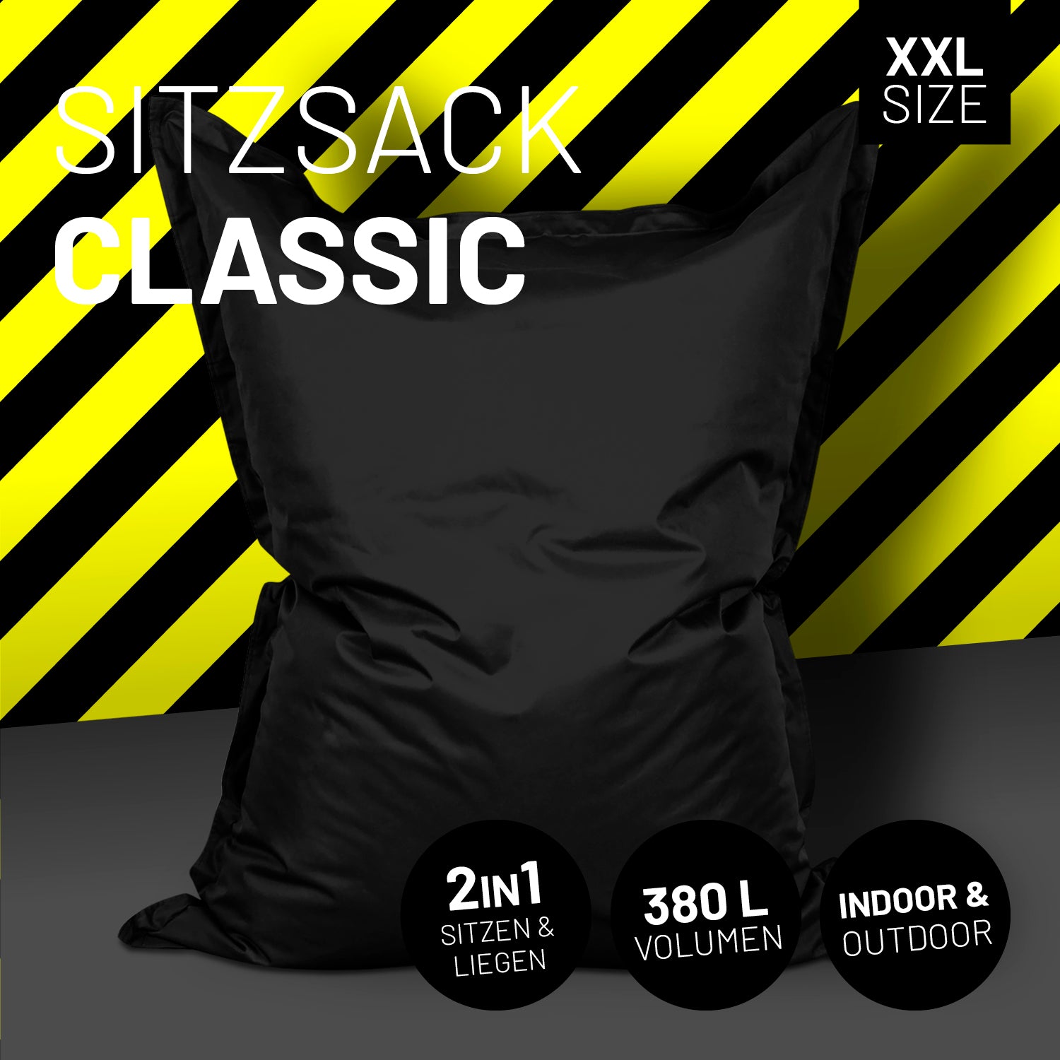 Sitzsack Classic XXL (380 L) in Schwarz, 2in1 für drinnen & draußen, großes Volumen und pflegeleichtes Material.