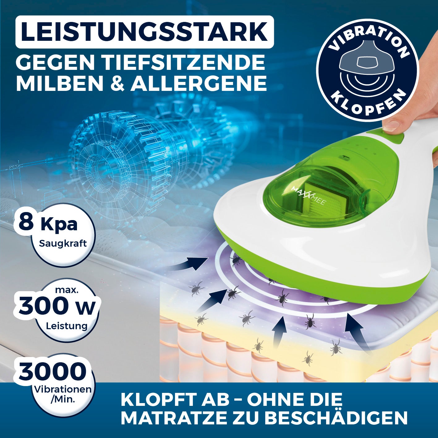 Milbensauger Vibration - HEPA-13-Filter - weiß/limegreen