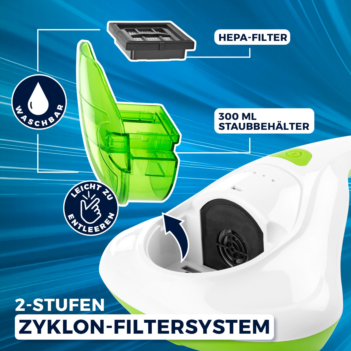 Milbensauger Vibration - HEPA-13-Filter - weiß/limegreen