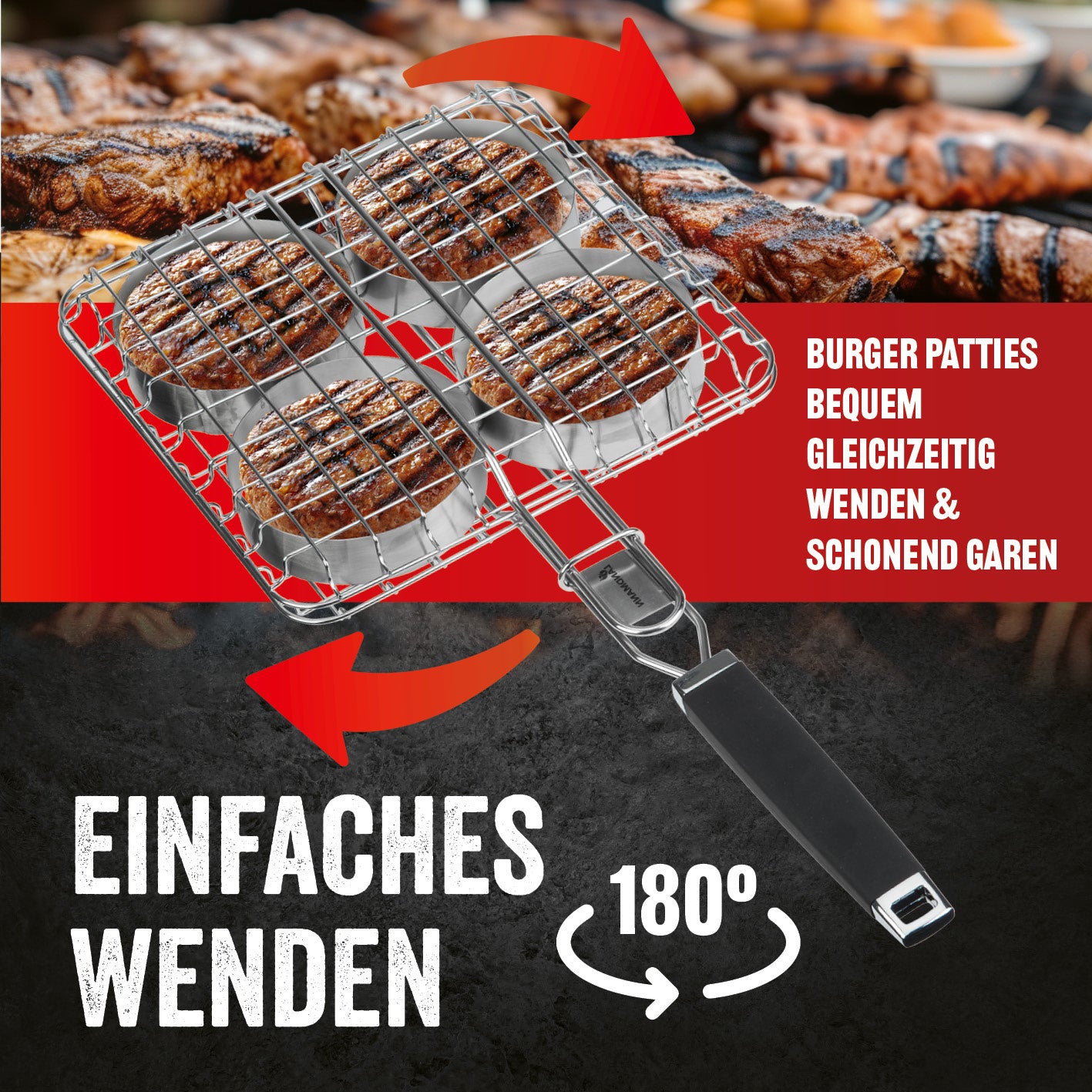 Pure Grillbräter mit gummiertem Griff, extra breit für 4 Burger Patties, inklusive 4 Metallringen zum einfachen Wenden.