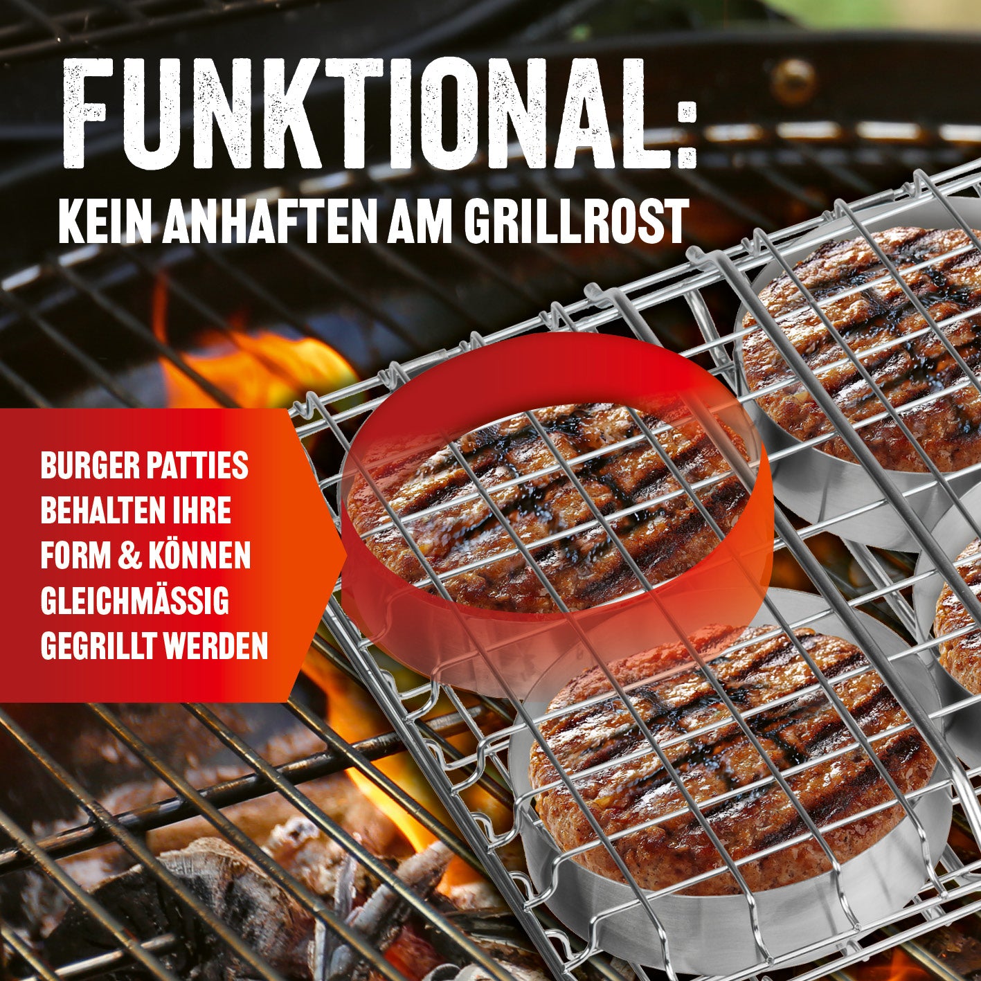 Pure Grillbräter mit 4 Metallringen, extra breit für American Burger Patties, gummierter Griff für sichere Handhabung.