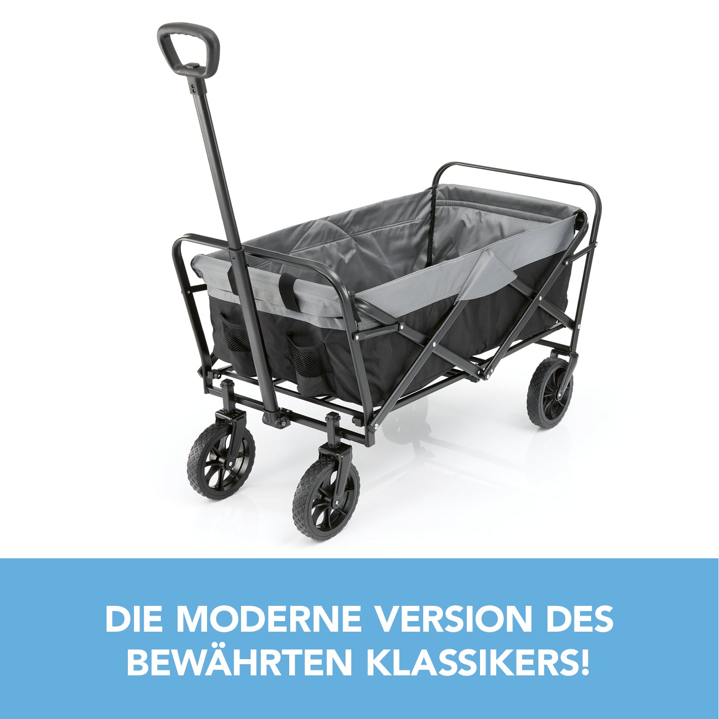 Bollerwagen - faltbar - schwarz/grau mit robustem Bezug, 360° drehbaren Vorderrädern und ausziehbarem Teleskopgriff.