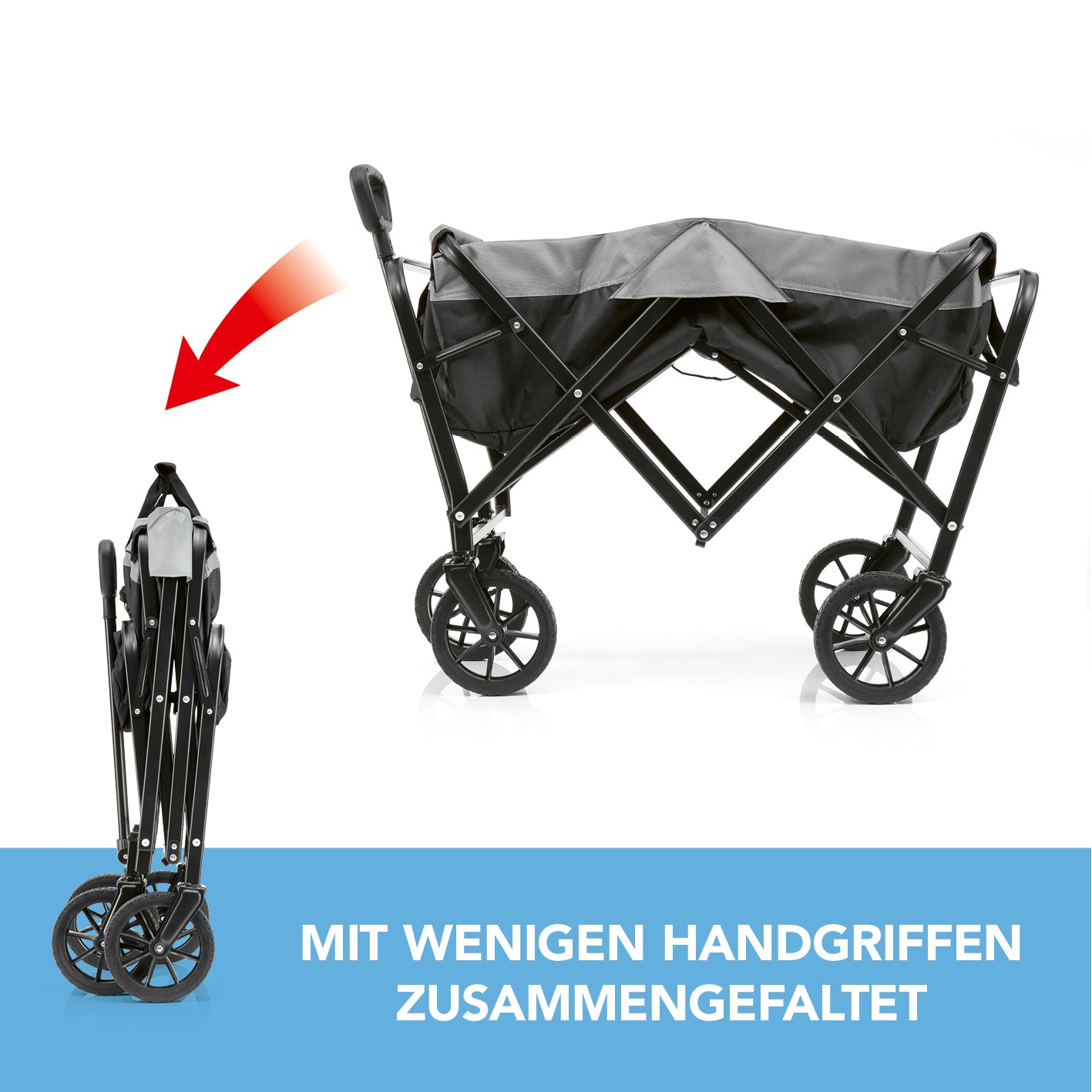 Bollerwagen - faltbar - schwarz/grau in aufgebautem und zusammengeklapptem Zustand mit 360° drehbaren Vorderrädern und Teleskopgriff.
