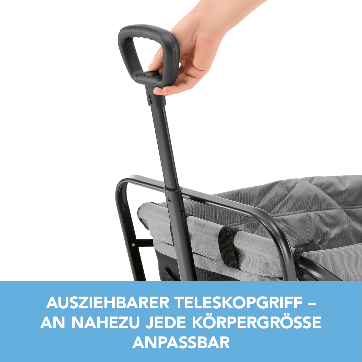 Ausziehbarer Teleskopgriff des Bollerwagen - faltbar - schwarz/grau, an verschiedene Körpergrößen anpassbar.