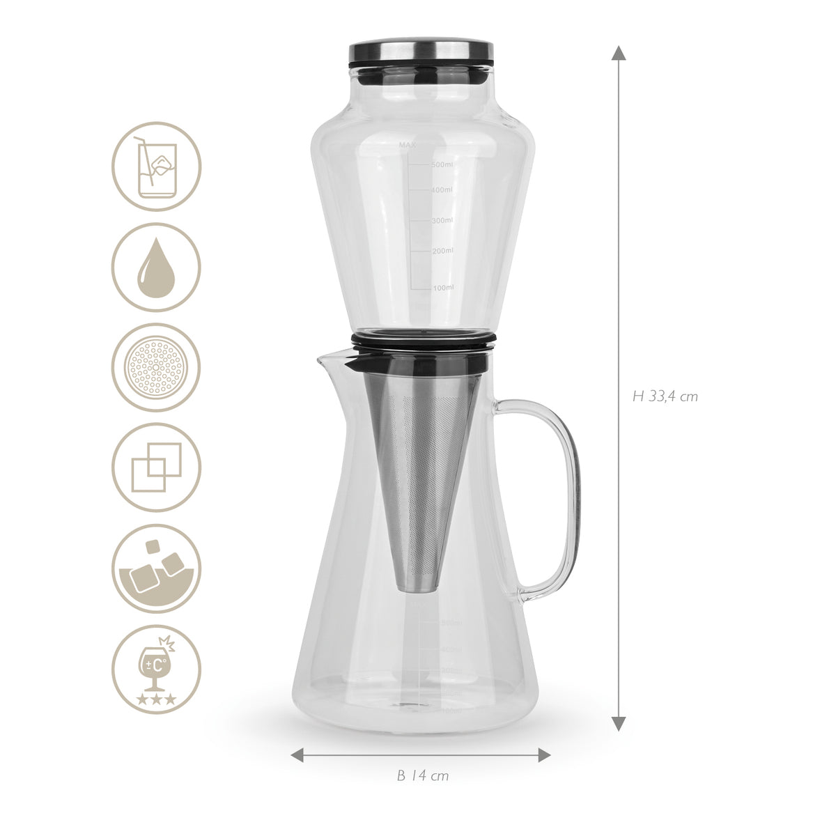 COLD DRIP Kaffeebereiter - 0,5 l Maßdiagramm mit 33,4 cm Höhe und 14 cm Breite