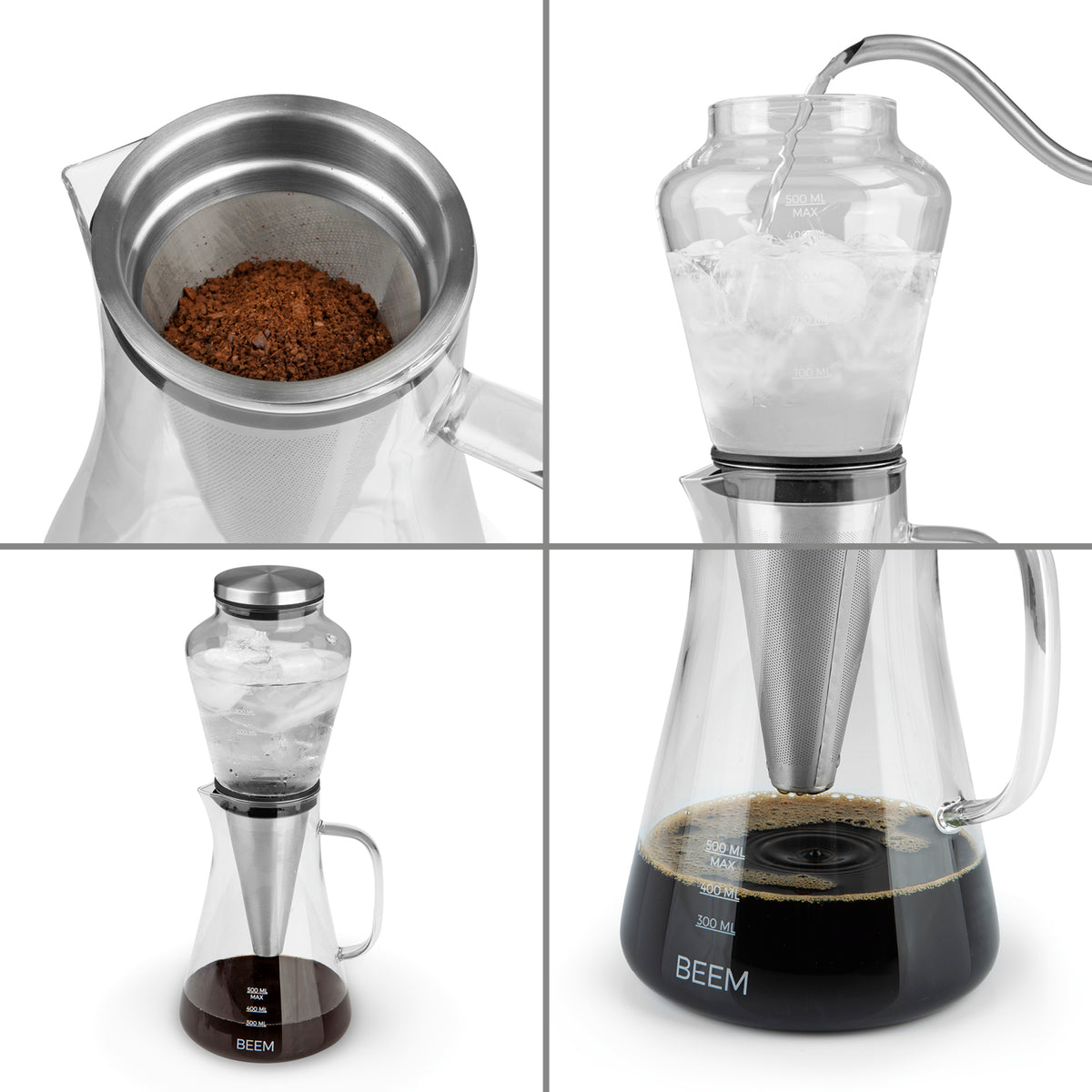 COLD DRIP Kaffeebereiter - 0,5 l mit Kaffeepulver, Eis und fertigem Cold Brew in verschiedenen Zubereitungsstufen