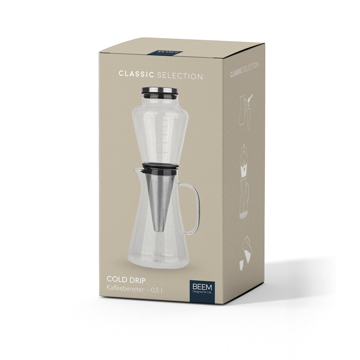 COLD DRIP Kaffeebereiter - 0,5 l in beige Verpackung mit Glasbehälter und Filter