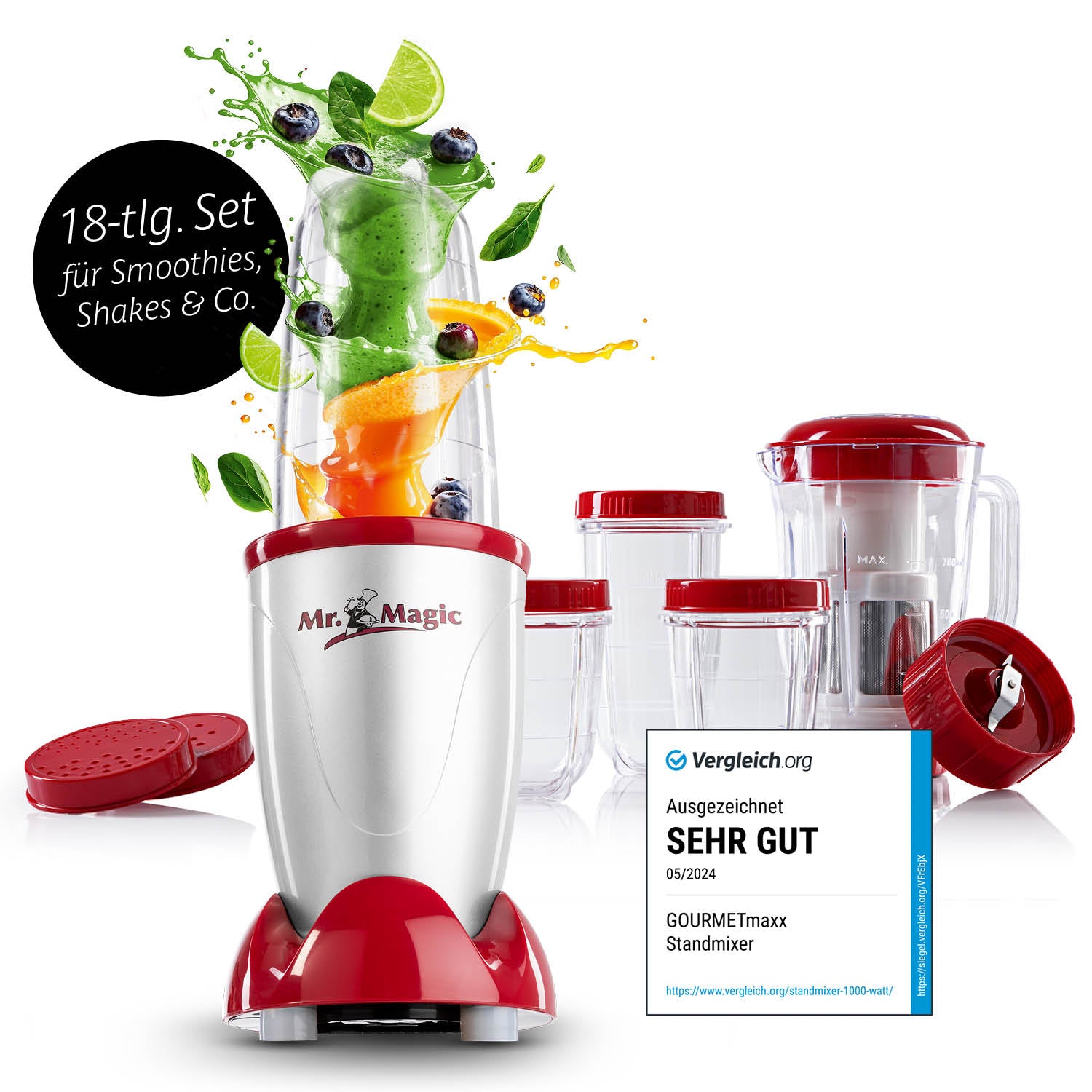 GOURMETmaxx Mixer Mr. Magic - Küchenmaschine - 18-tlg. - silber / rot