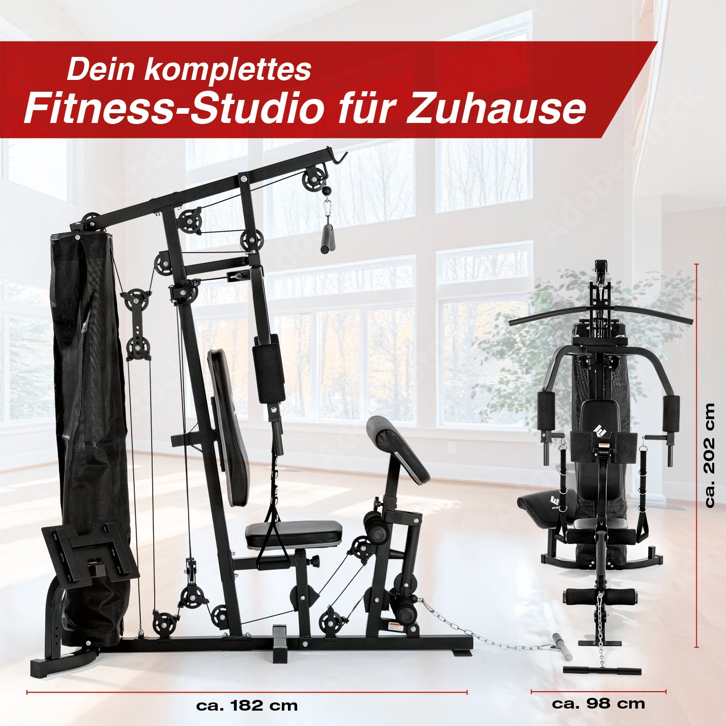 Kraftstation für Ganzkörpertraining zuhause mit verstellbaren Gewichten bis 67 kg und gepolsterten, wasserabweisenden Griffen.