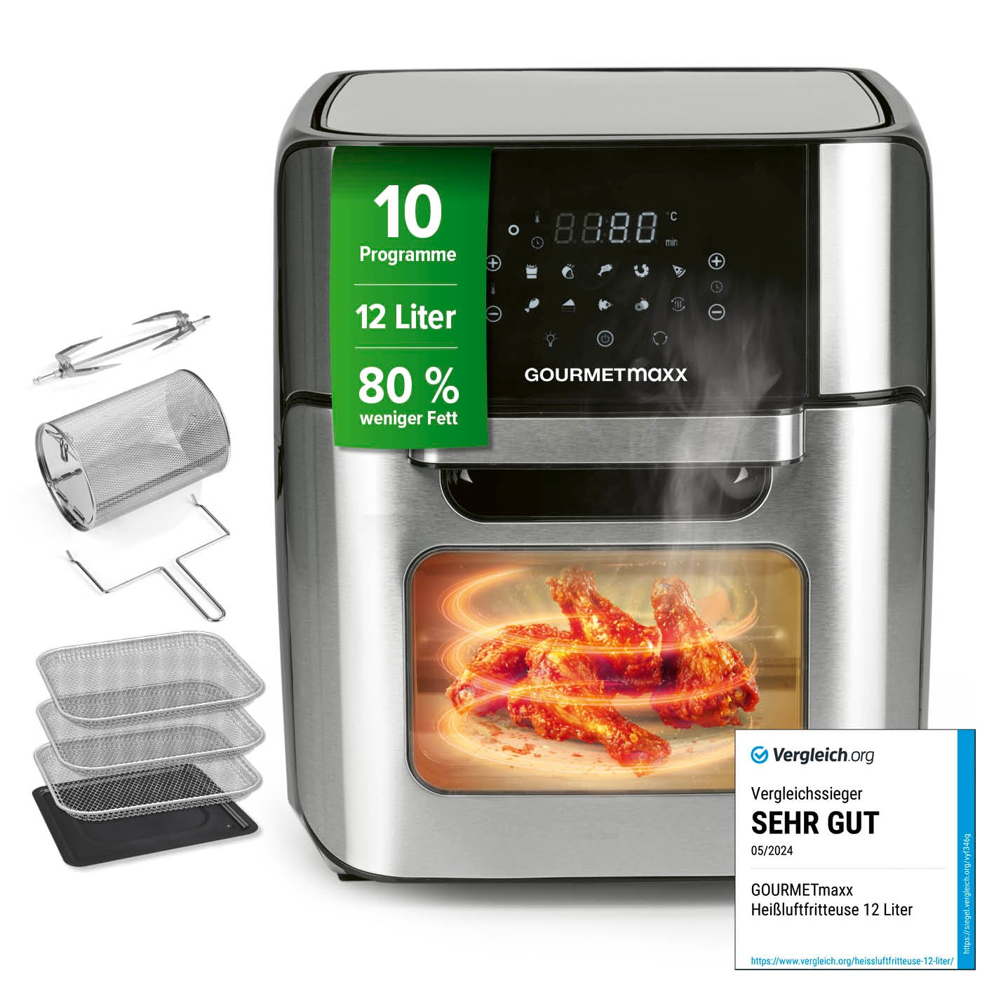 GOURMETmaxx Digitale Heißluftfritteuse - 12 l - Edelstahl/Schwarz