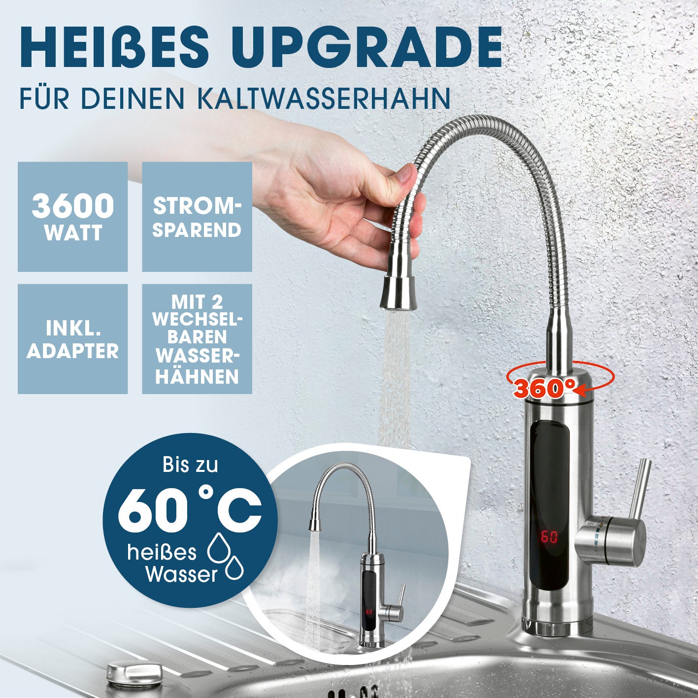 elektrische Edelstahl-Armatur mit integriertem Durchlauferhitzer