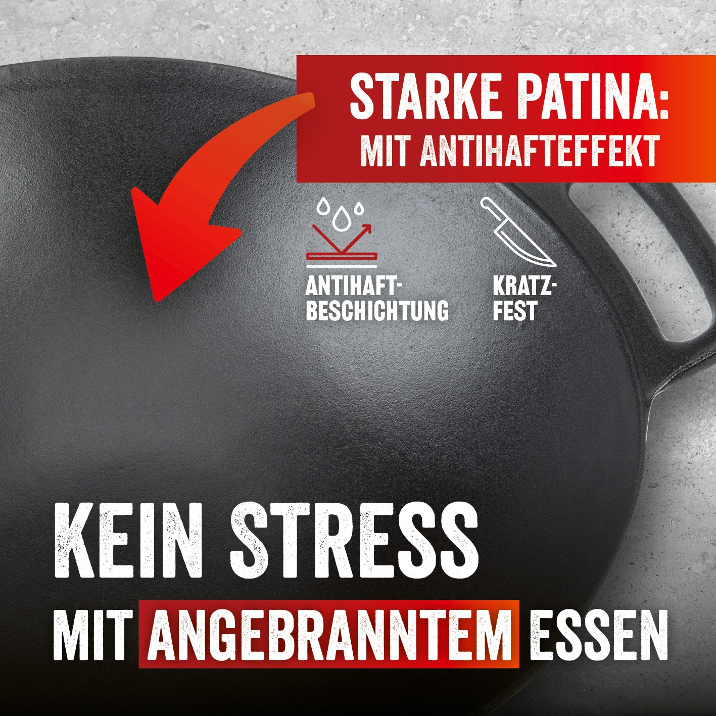 Grillwok aus emailliertem Gusseisen mit Antihaftbeschichtung und kratzfestem, abgeflachtem Boden für vielseitiges Grillen.