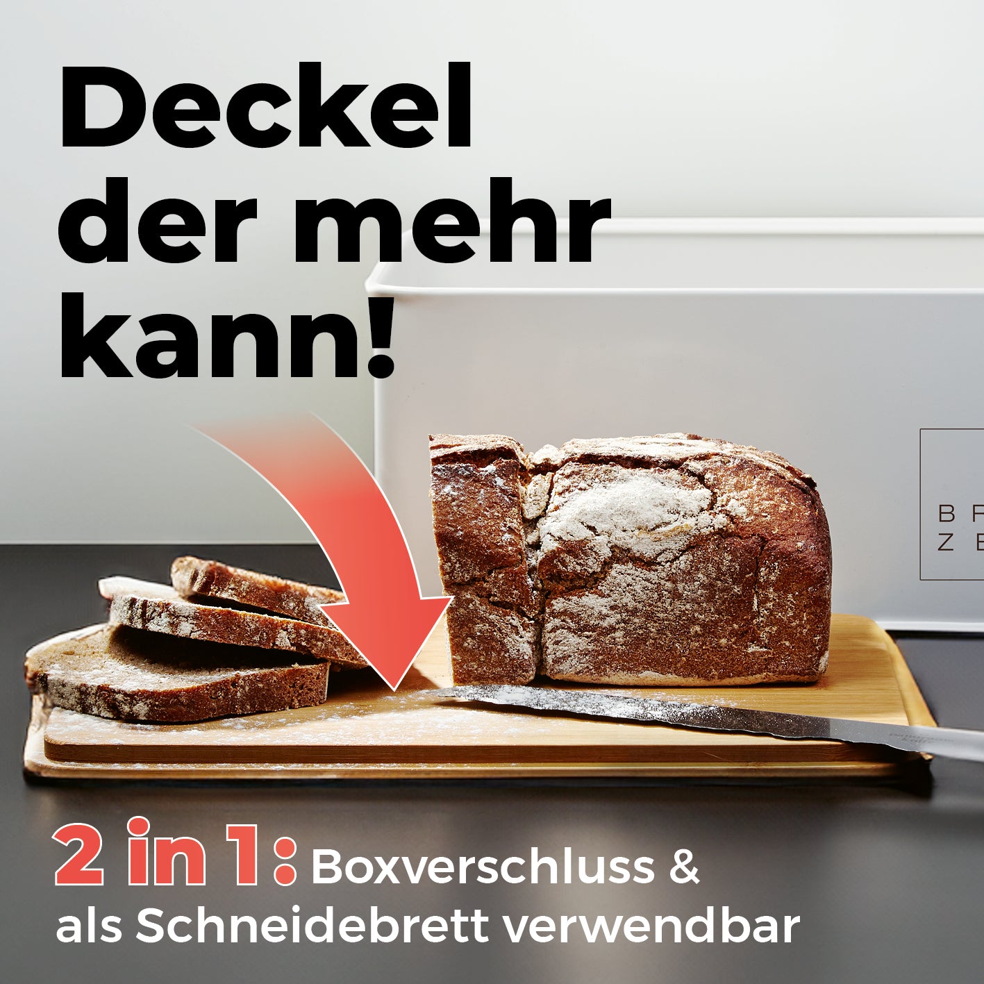 Cuisine Brotkasten aus Metall mit Bambus Deckel - Rechteckig 30,5x23,5x14 cm, Deckel als Schneidebrett und luftdurchlässiger Verschluss.