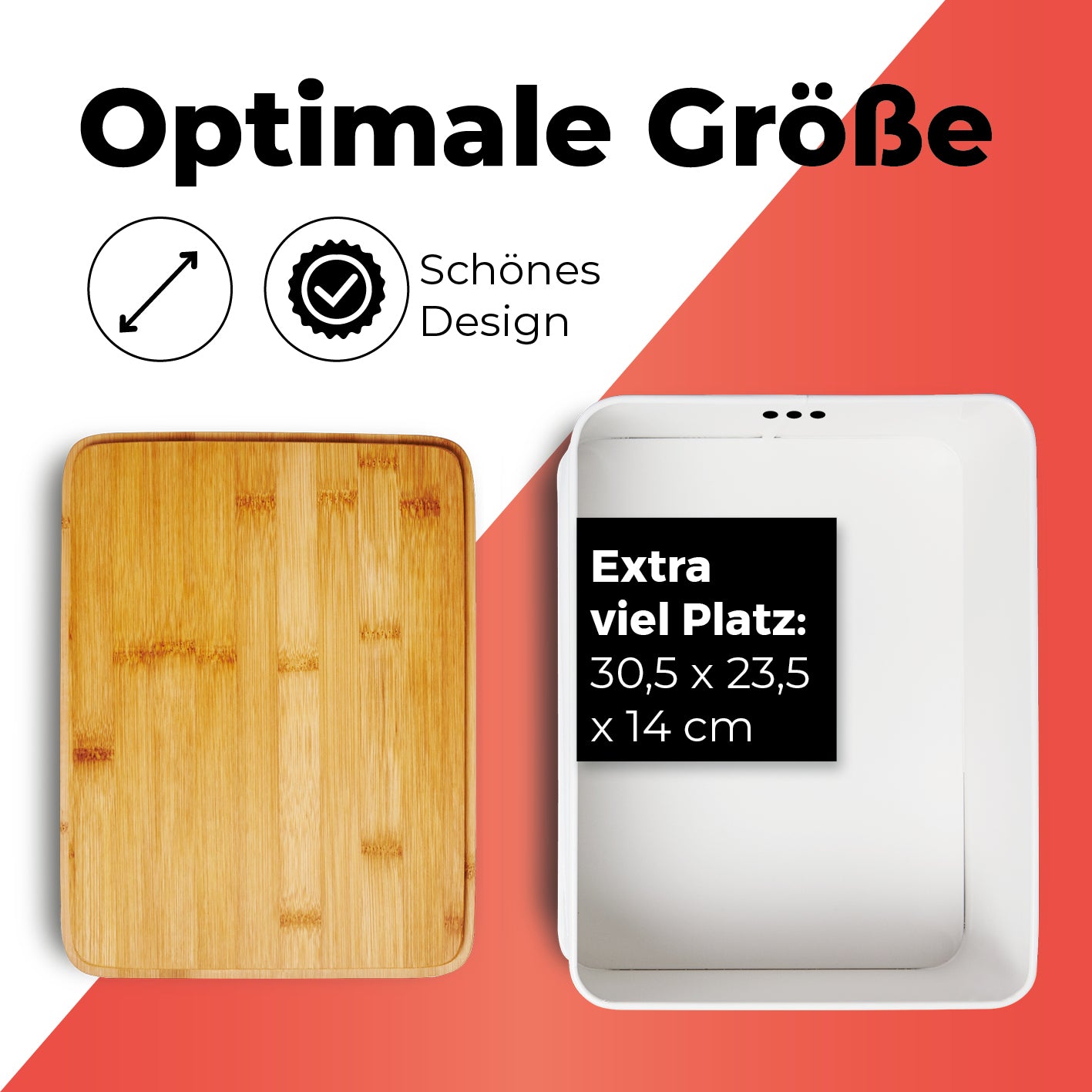 Cuisine Brotkasten aus Metall mit Bambus Deckel - Rechteckig 30,5 x 23,5 x 14 cm in Weiß mit praktischem Schneidebrett-Deckel.