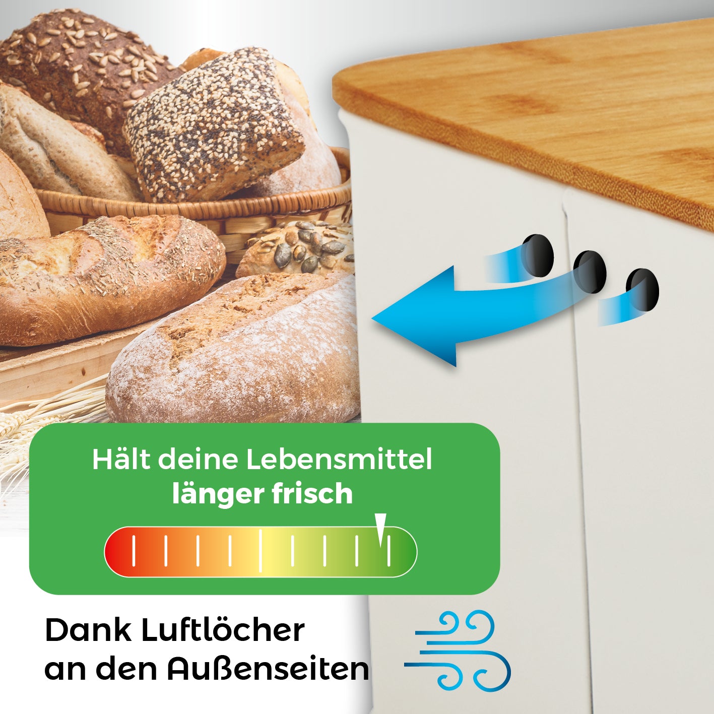 Cuisine Brotkasten aus Metall mit Bambus Deckel, rechteckig 30,5 x 23,5 x 14 cm, weiß mit Lüftungslöchern für optimale Frische.