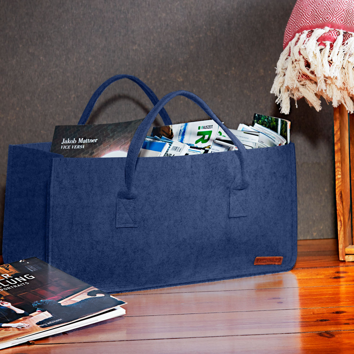 Kaminholztasche aus Filz mit Tragegriff - 50 x 25 x 25 cm - Mitternachtsblau