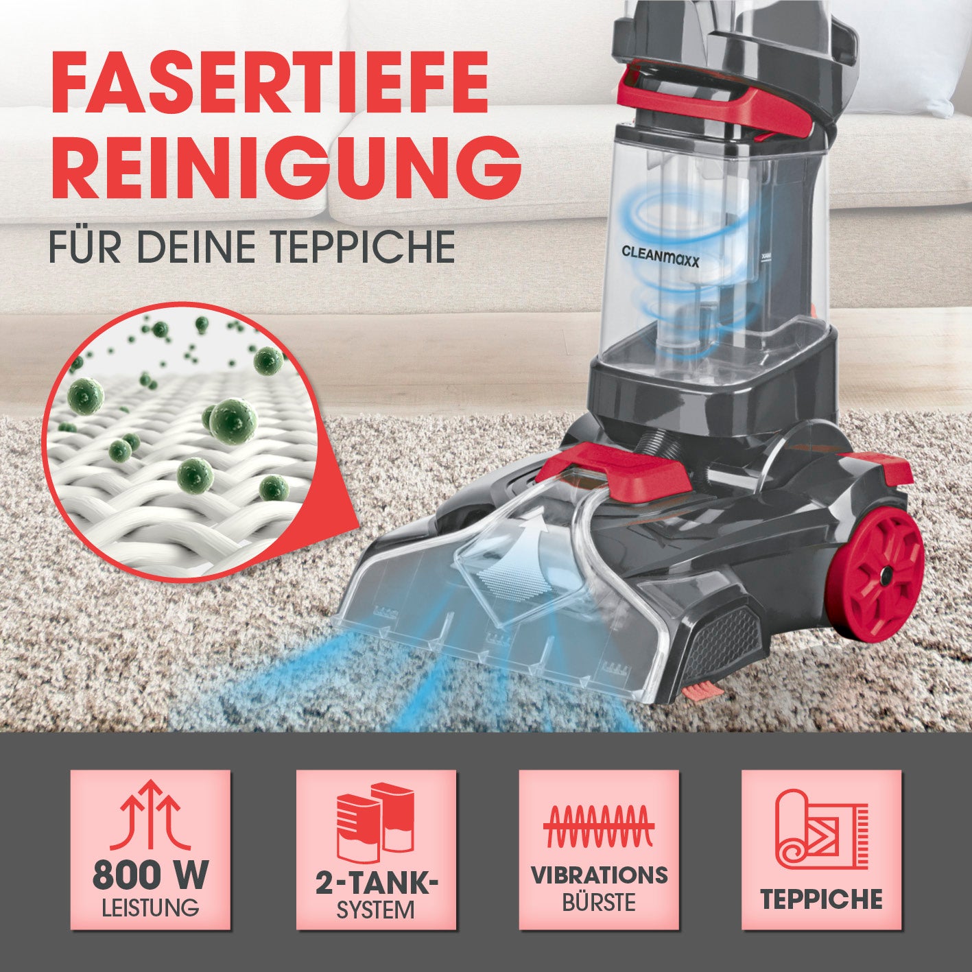 Teppichreiniger AquaStream entfernt tiefsitzenden Schmutz mit 800 W Leistung und 2-Tank-System für gründliche Teppichreinigung.