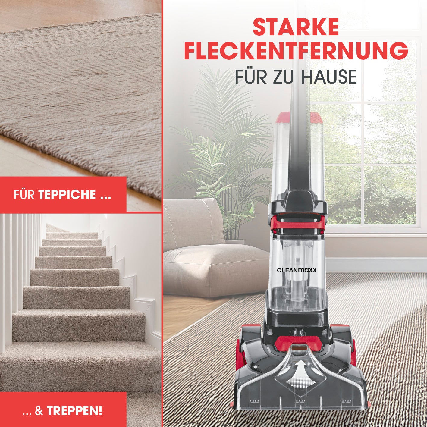 Teppichreiniger AquaStream entfernt starke Flecken auf Teppichen und Treppen, ideal für gründliche Reinigung zu Hause.