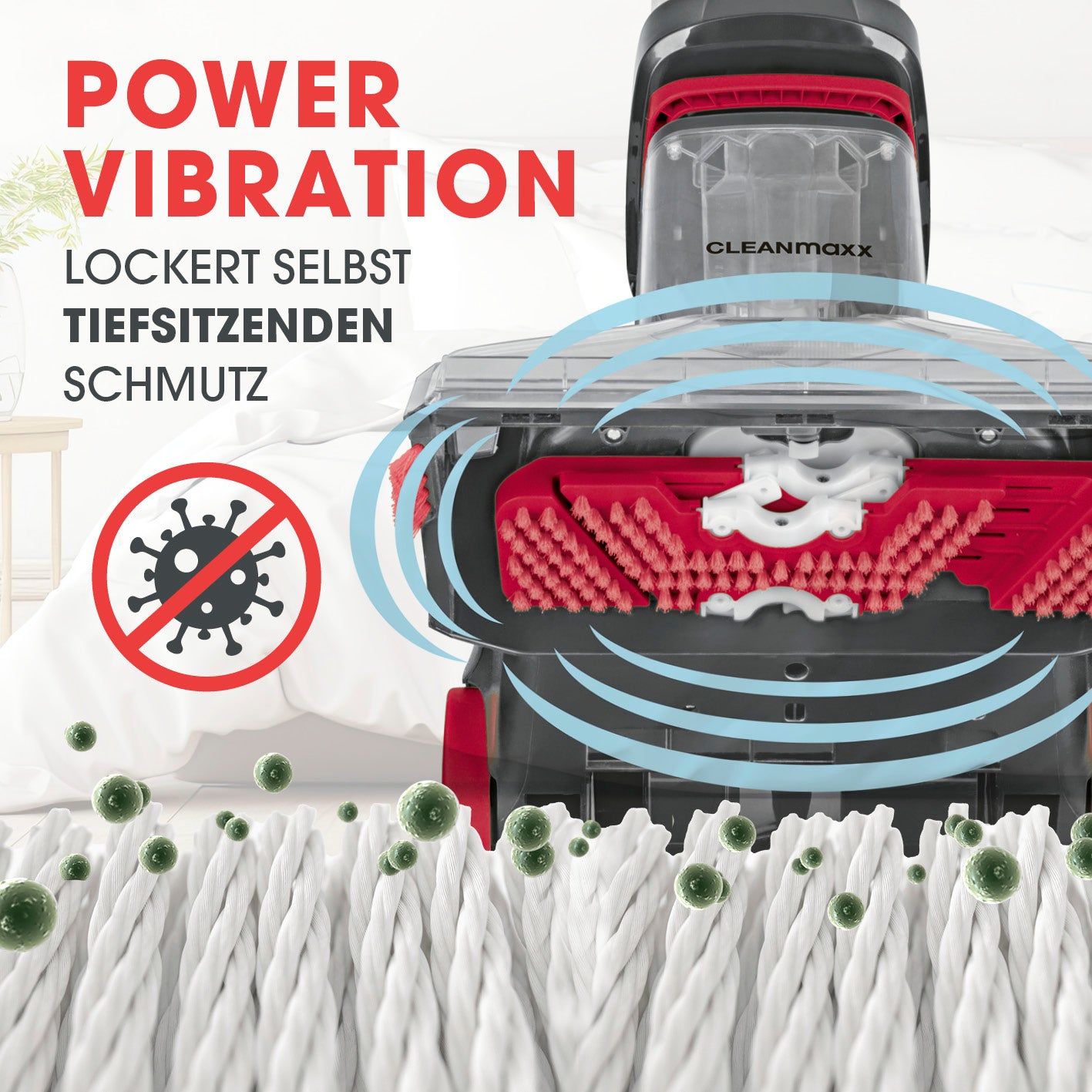 Teppichreiniger AquaStream mit Power-Vibration entfernt tiefsitzenden Schmutz gründlich und effektiv von Teppichen und Matten.