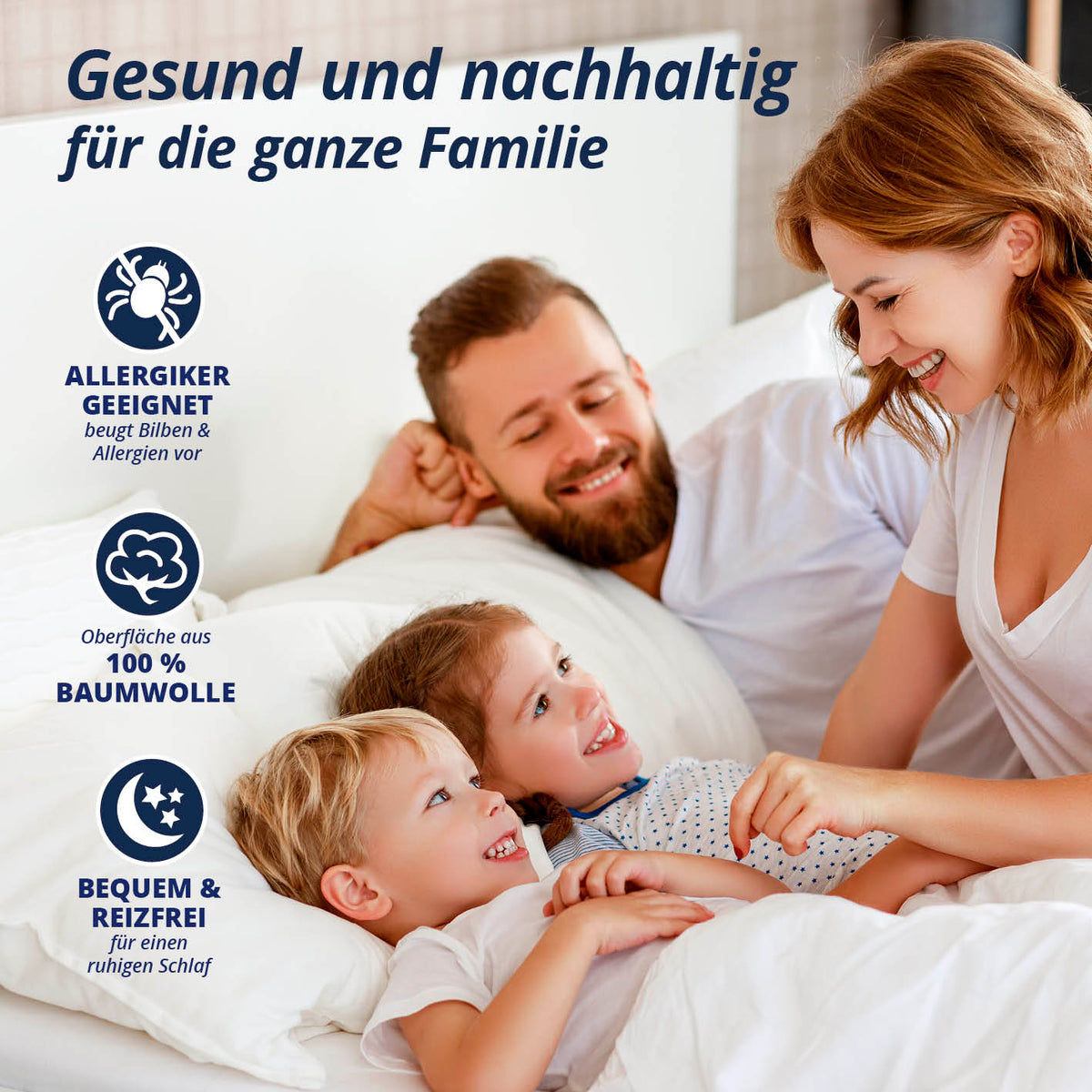Wasserundurchlässige Matratzenauflage aus Flanell - 70x140 cm - Weiß mit Familie im Bett