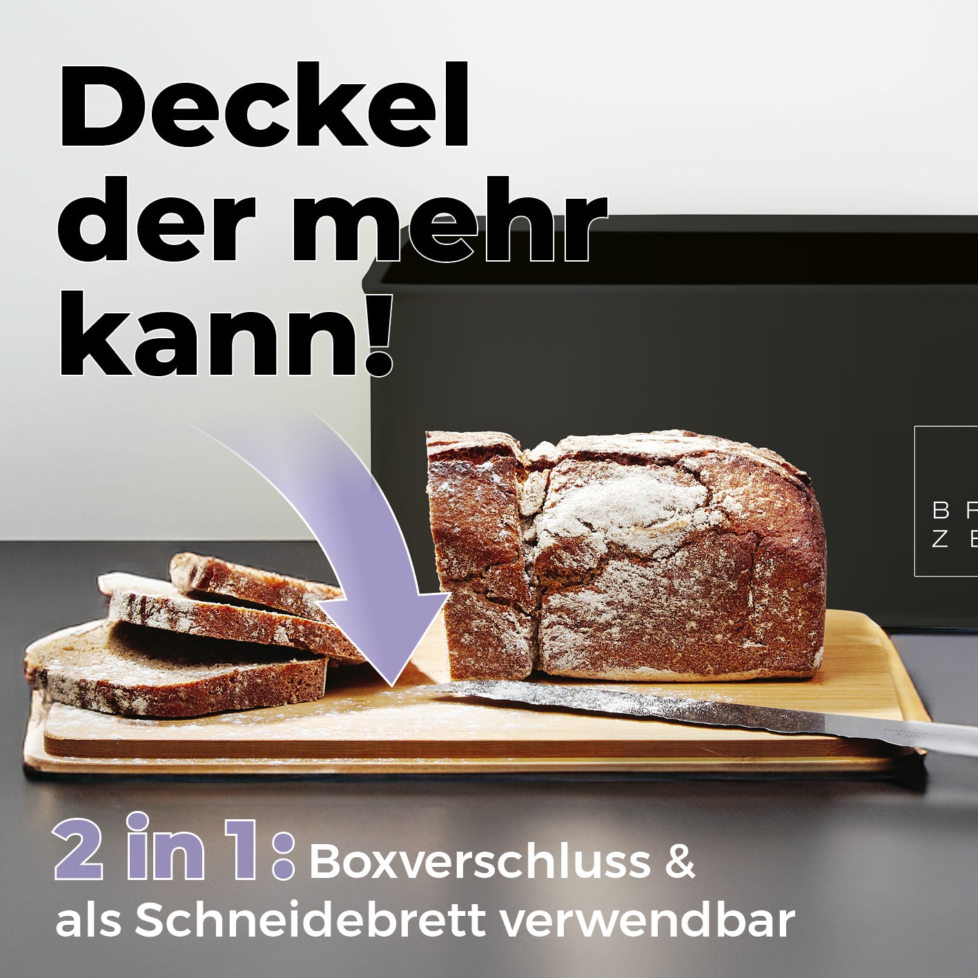 Cuisine Brotkasten aus Metall mit Bambus Deckel - Rechteckig 30,5 x 23,5 x 14 cm - Schwarz