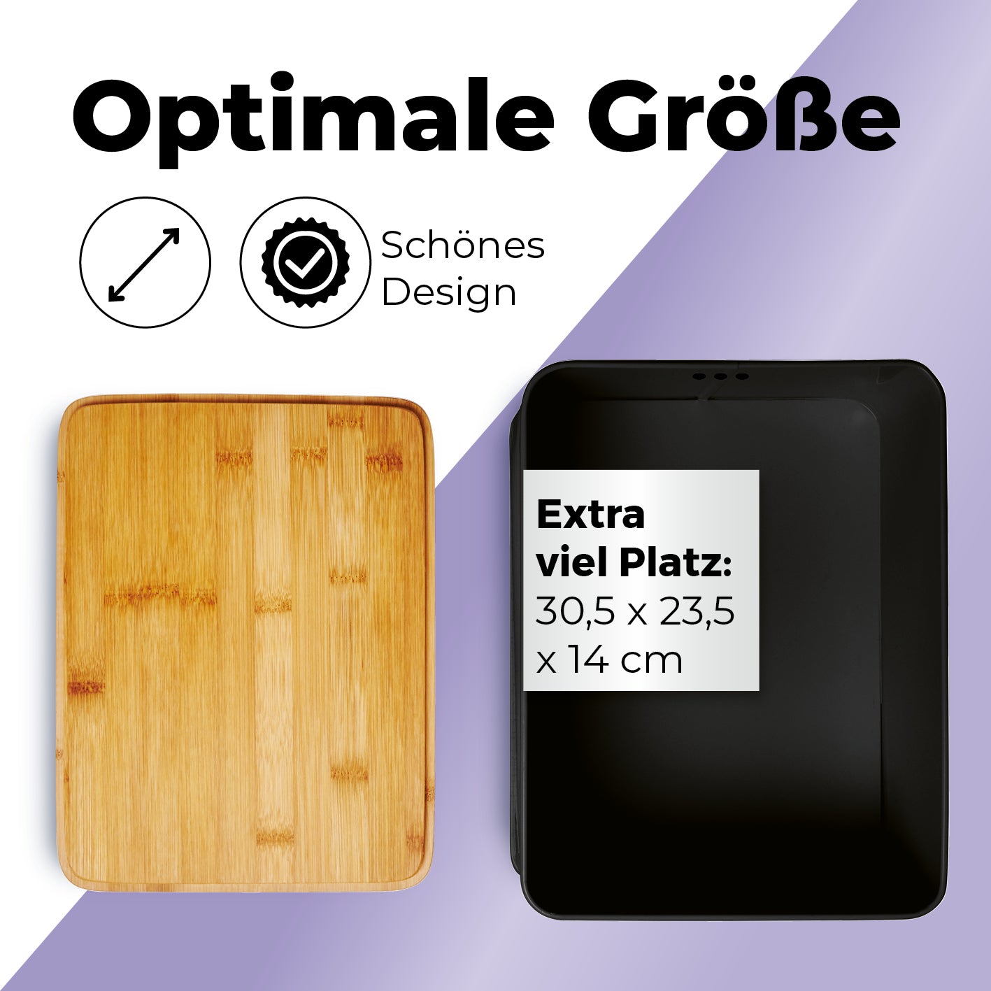 Cuisine Brotkasten aus Metall mit Bambus Deckel - Rechteckig 30,5 x 23,5 x 14 cm - Schwarz