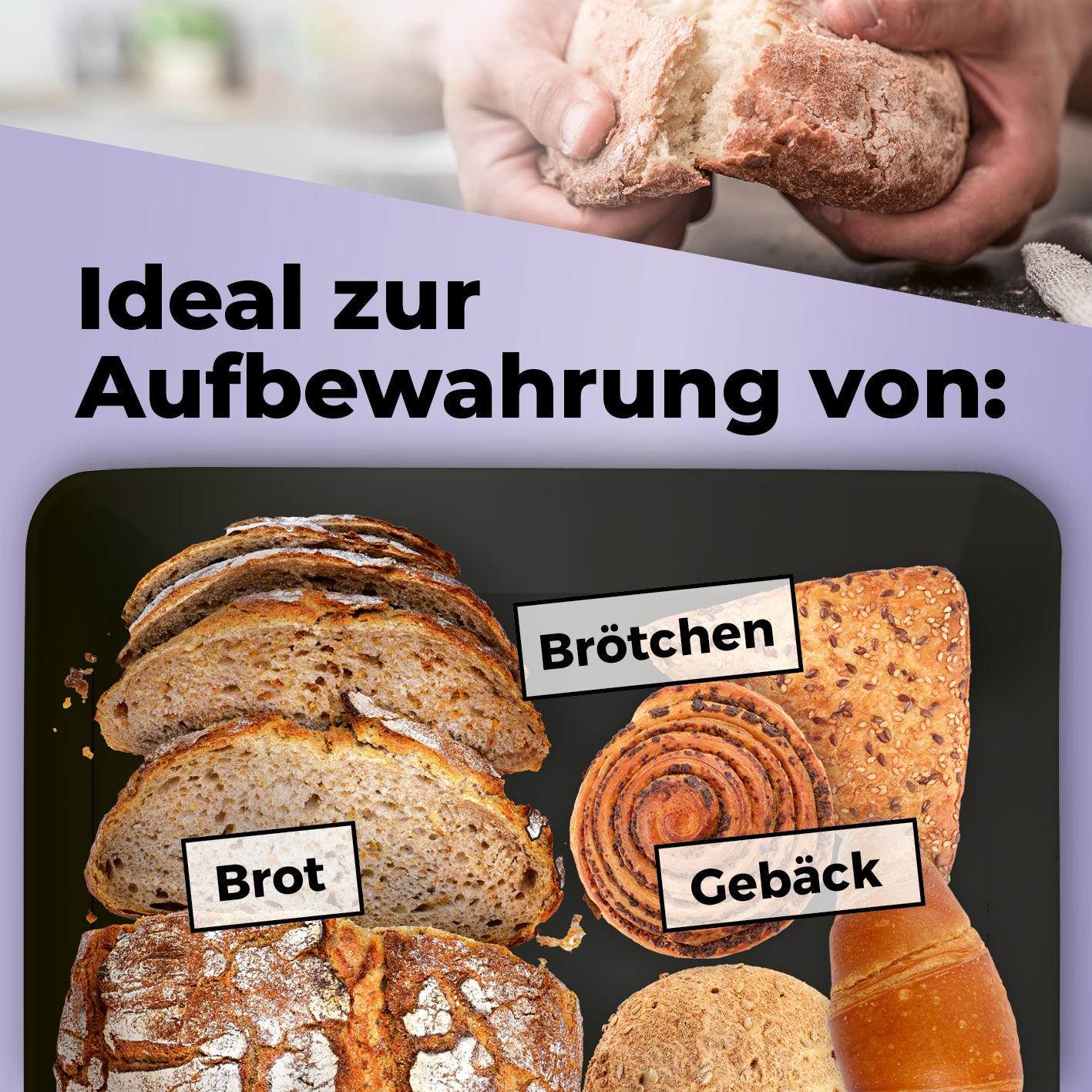 Cuisine Brotkasten aus Metall mit Bambus Deckel - Rechteckig 30,5 x 23,5 x 14 cm - Schwarz