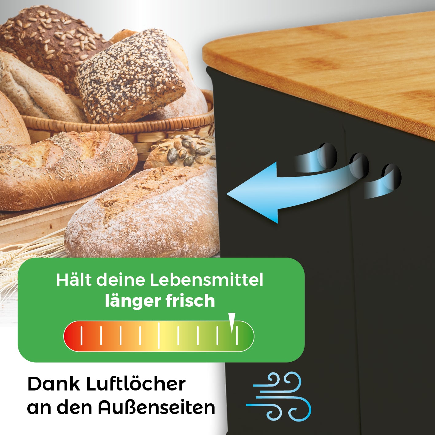 Cuisine Brotkasten aus Metall mit Bambus Deckel - Rechteckig 30,5 x 23,5 x 14 cm - Schwarz