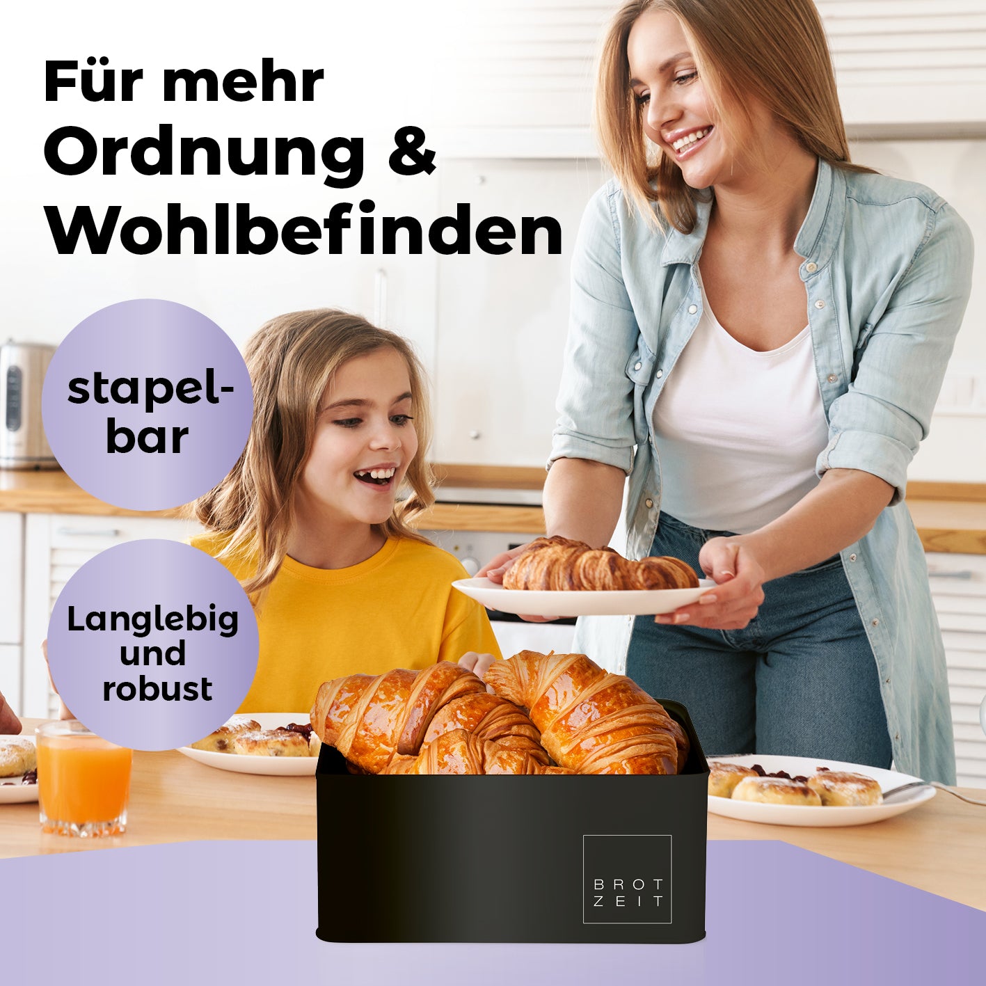 Cuisine Brotkasten aus Metall mit Bambus Deckel - Rechteckig 30,5 x 23,5 x 14 cm - Schwarz
