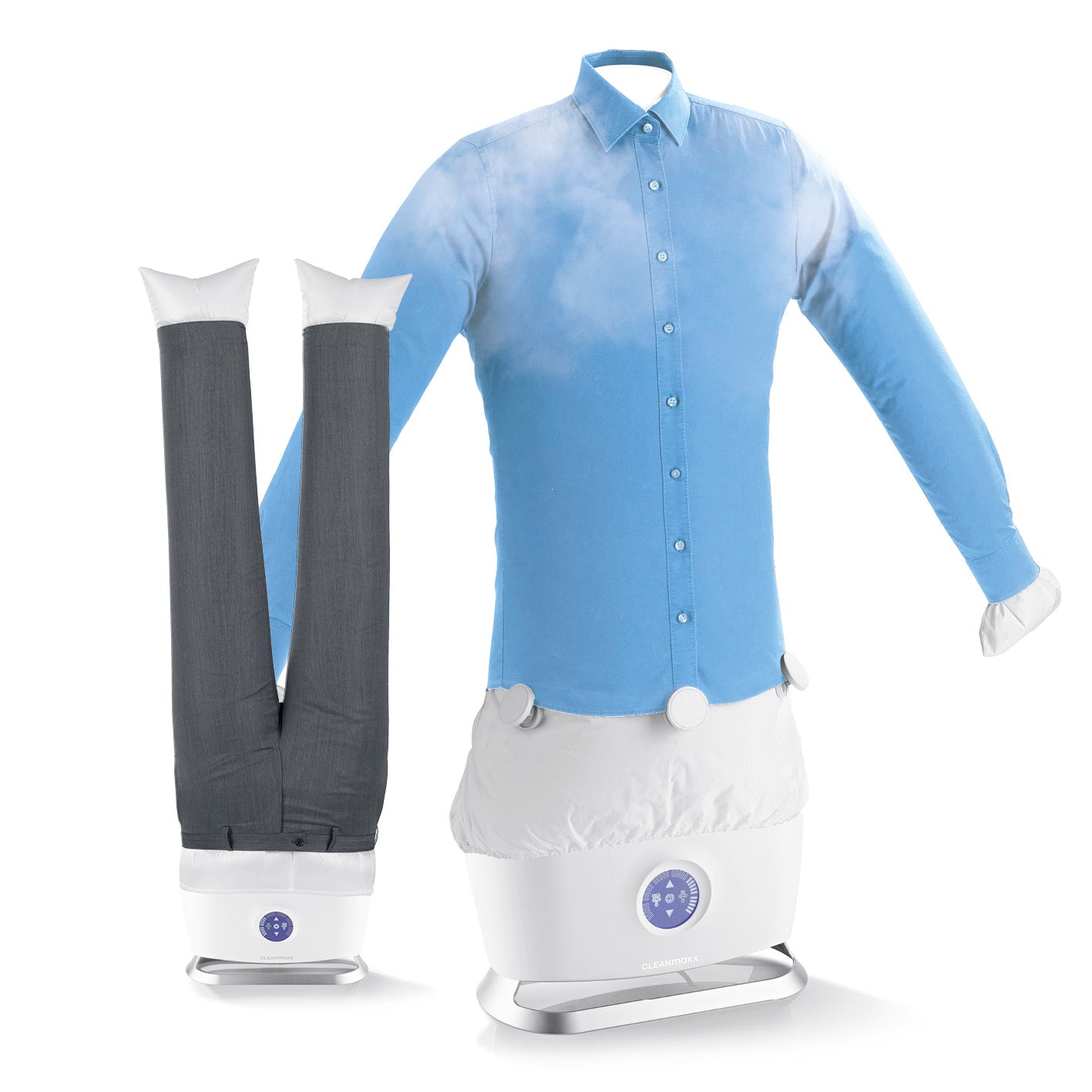 Hemdenbügler PRO STEAM mit Hosenaufsatz - Weiß zeigt Dampfglättung von Hemd und Hose mit modernem, weißem Design.