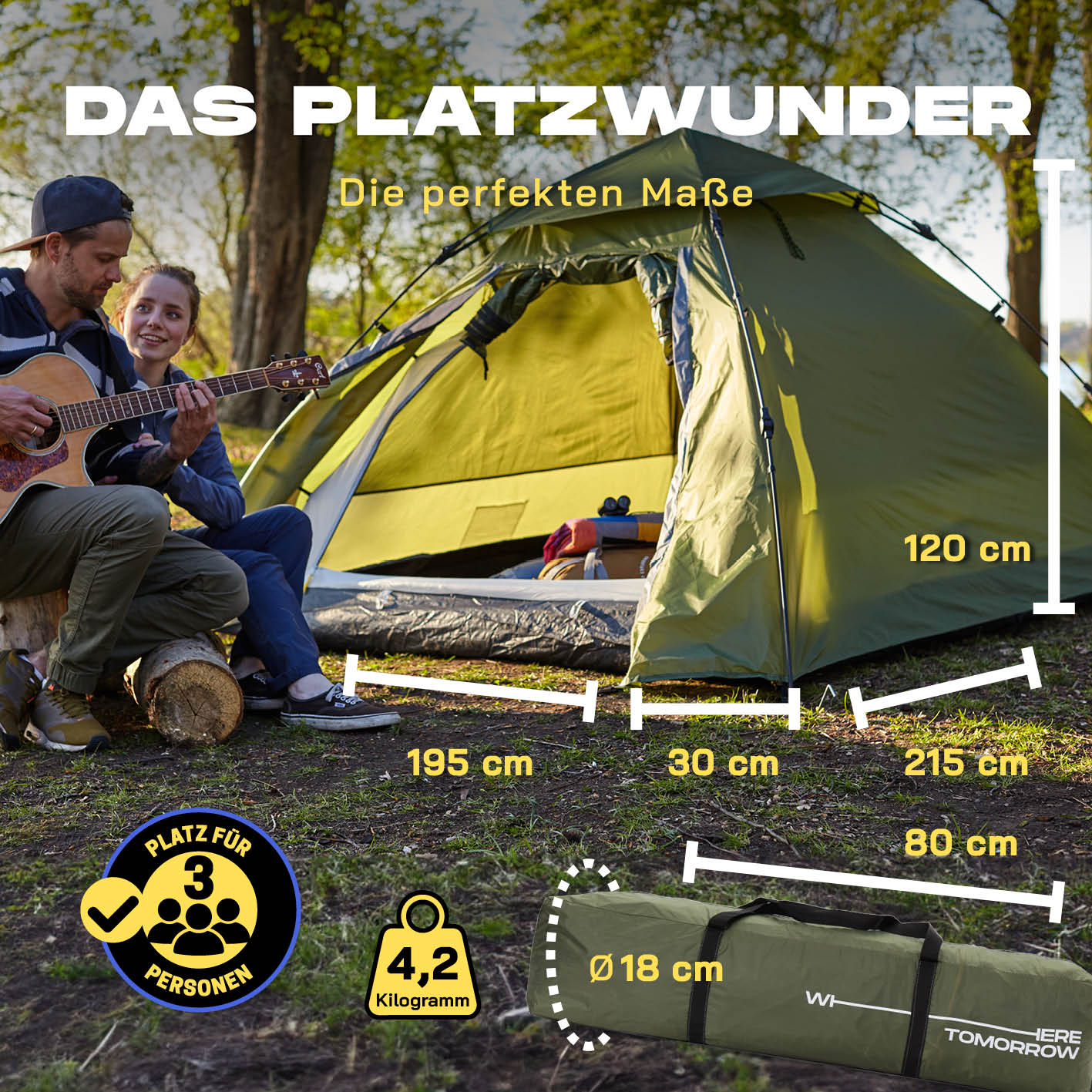 Pop up Kuppelzelt für 3 Personen - Grün