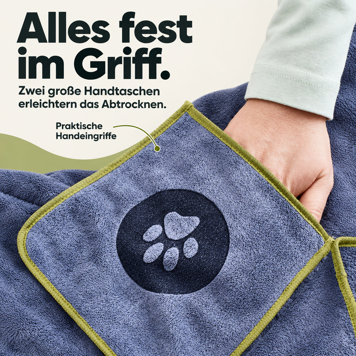 Hundehandtuch Mikrofaser – 2er-Pack - 120 x 70 cm - Grau & Grün mit Pfotenmotiv und praktischem Handgriff