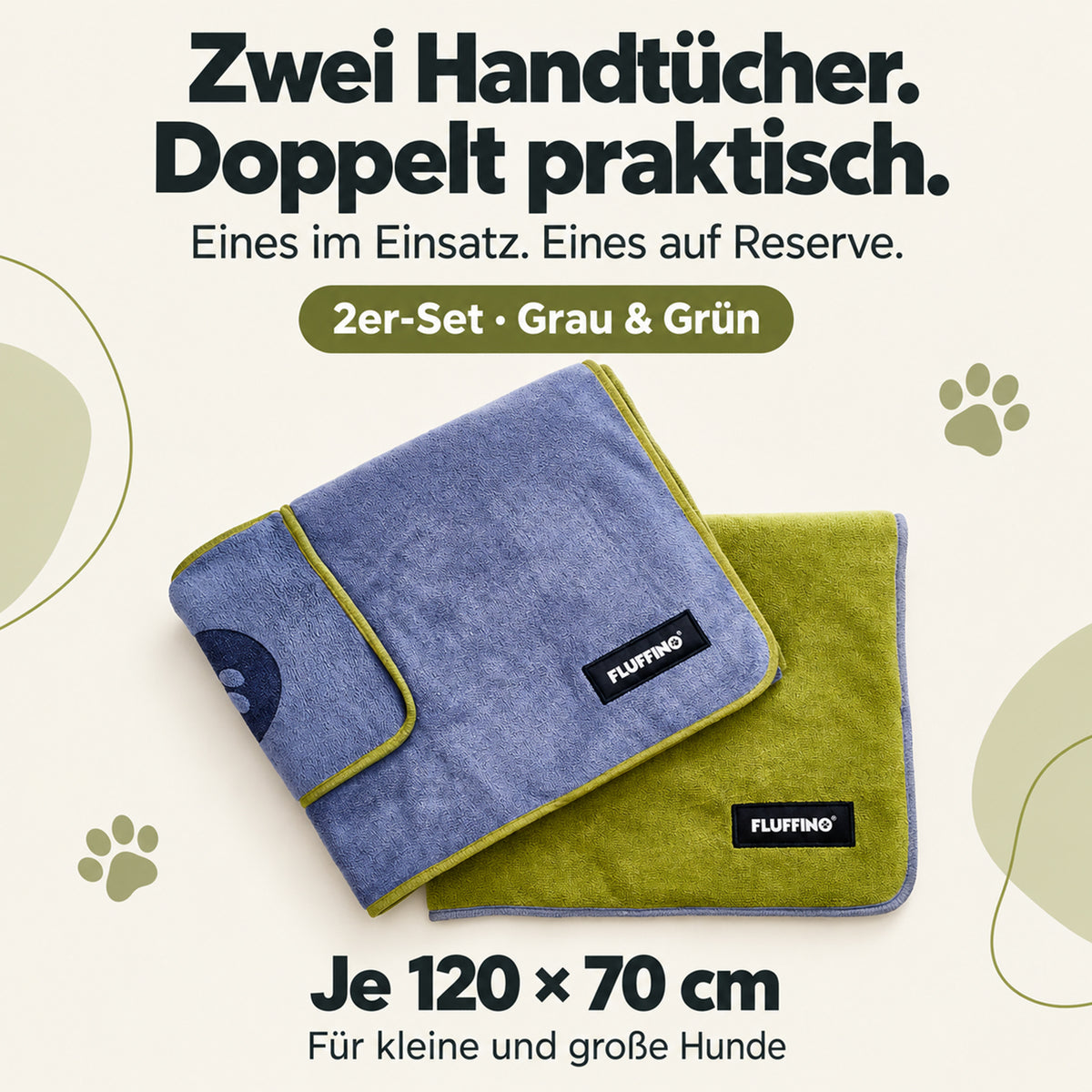 Hundehandtuch Mikrofaser – 2er-Pack - 120 x 70 cm - Grau & Grün, zwei Handtücher für Hunde