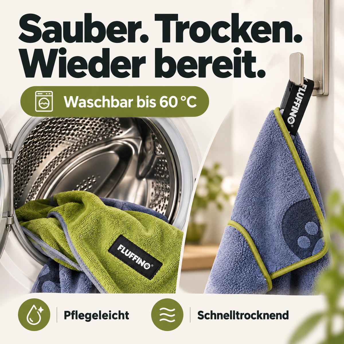 Hundehandtuch Mikrofaser – 2er-Pack - 120 x 70 cm - Grau & Grün in Waschmaschine und hängend gezeigt
