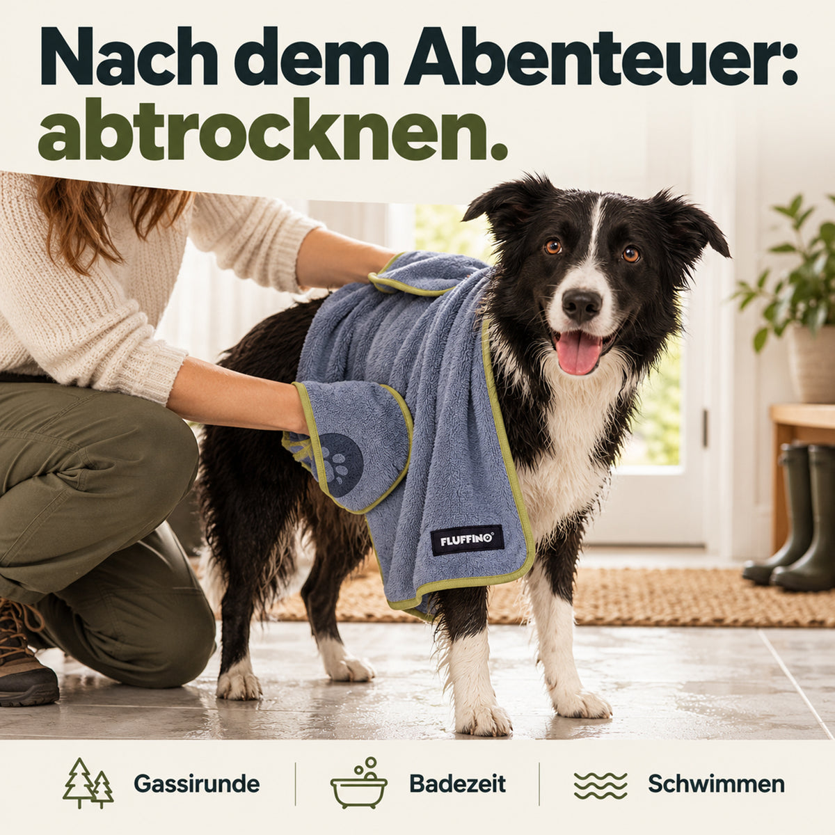 Hundehandtuch Mikrofaser – 2er-Pack - 120 x 70 cm - Grau & Grün für nassen Hund