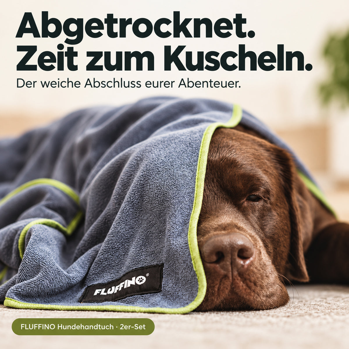 Hundehandtuch Mikrofaser – 2er-Pack - 120 x 70 cm - Grau & Grün mit Hund unter Handtuch