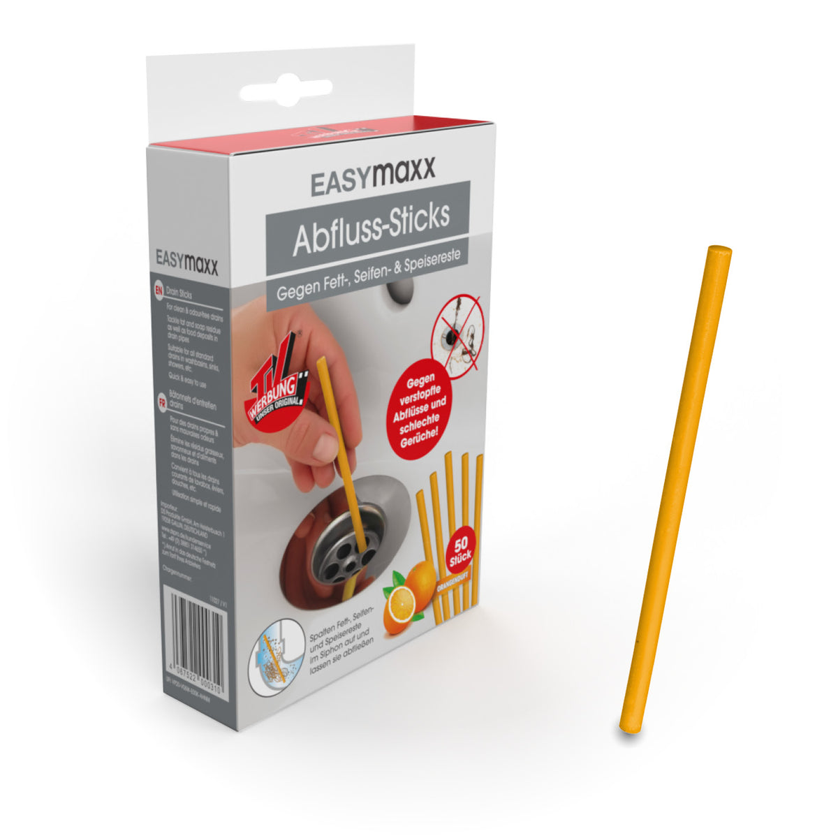Abfluss-Sticks Orangenduft - 50er-Set in Verpackung mit einzelnem orangefarbenem Stick