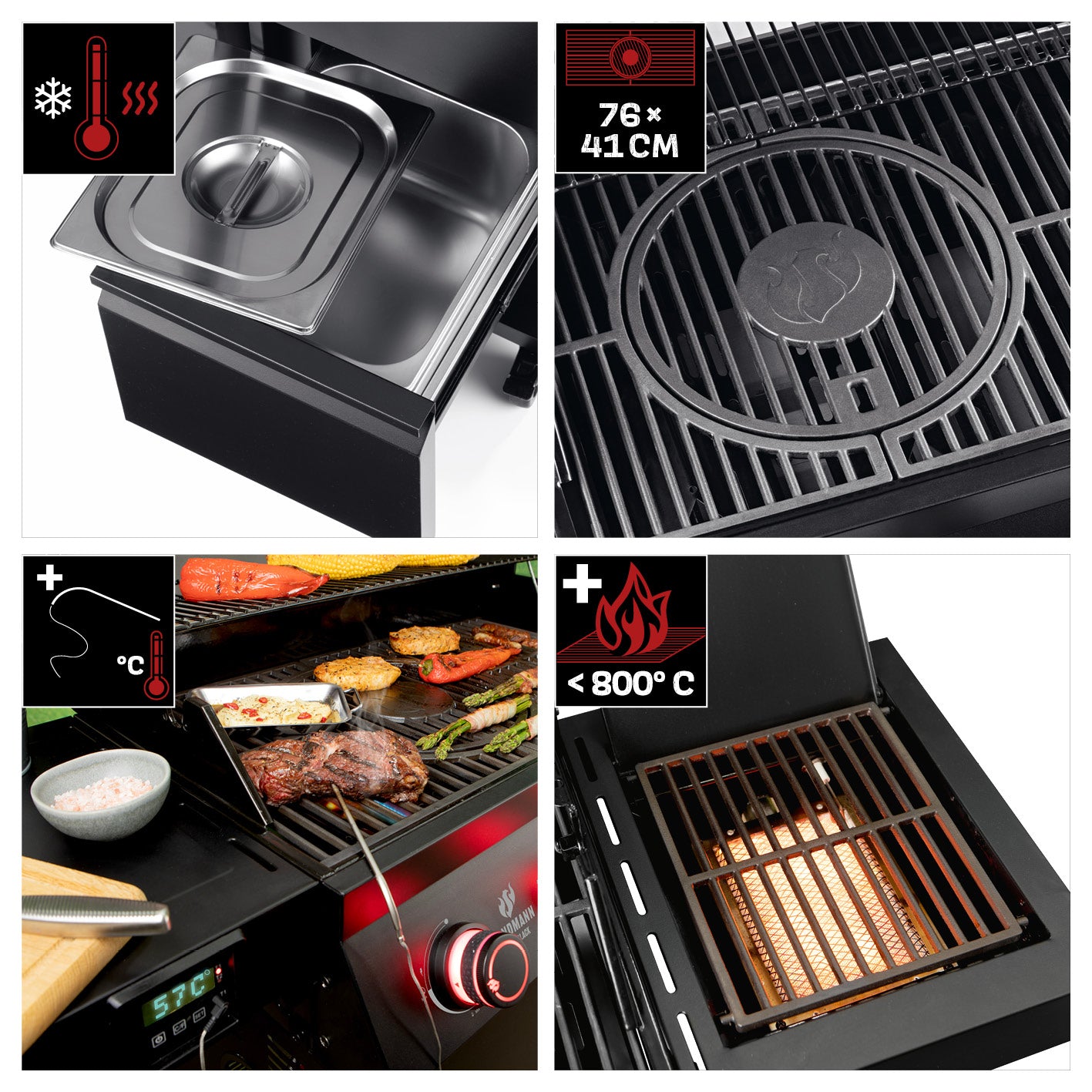 Gasgrill COOL BLACK 4.1 maxX mit Thermobox-Schublade, GN-Behälter, stufenlosen Brennern und maxX-Zone bis 800 °C.