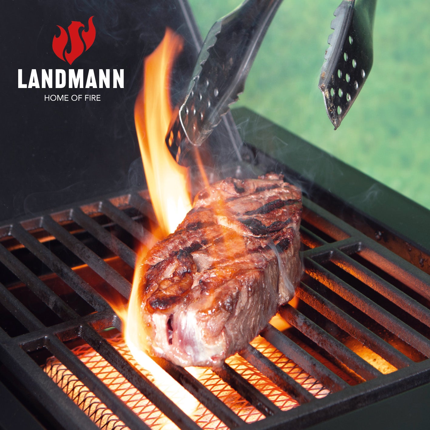 Gasgrill COOL BLACK 4.1 maxX mit saftigem Steak auf Grillrost und Flammen beim Grillen im Freien