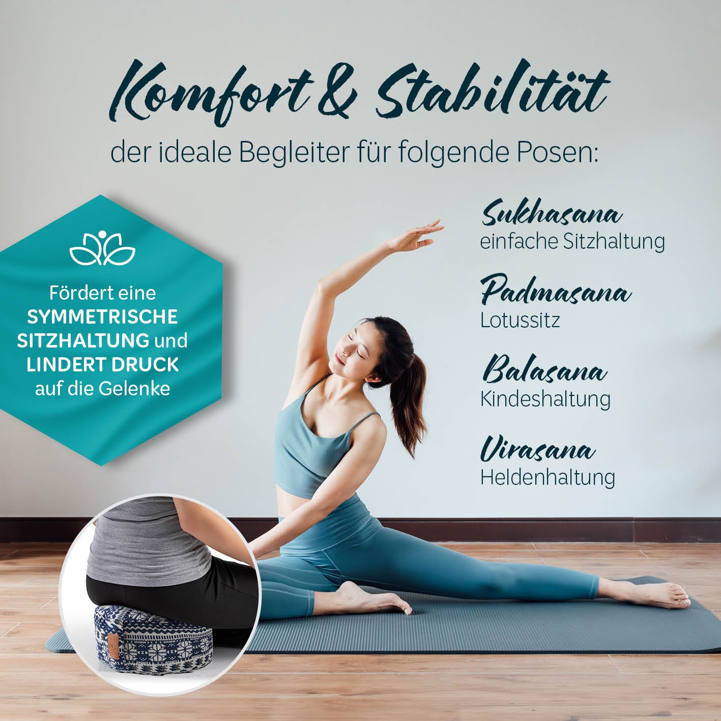 Yoga-Kissen Vishnu - gefüllt mit Bio-Dinkelspelz - Rund 30 x 30 x 15 cm - Style 1 (Blau-Weiß)