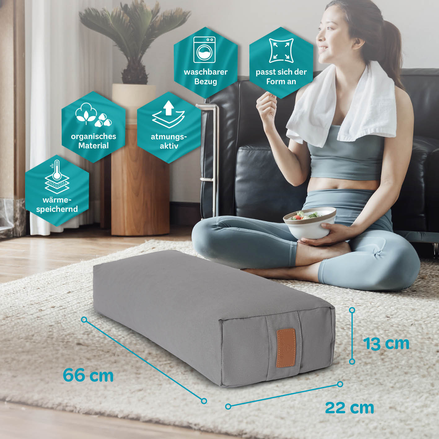 Yoga-Bolster Paravati - gefüllt mit Bio-Buchweizenschalen - 67 x 22 x 13 cm - Zementgrau