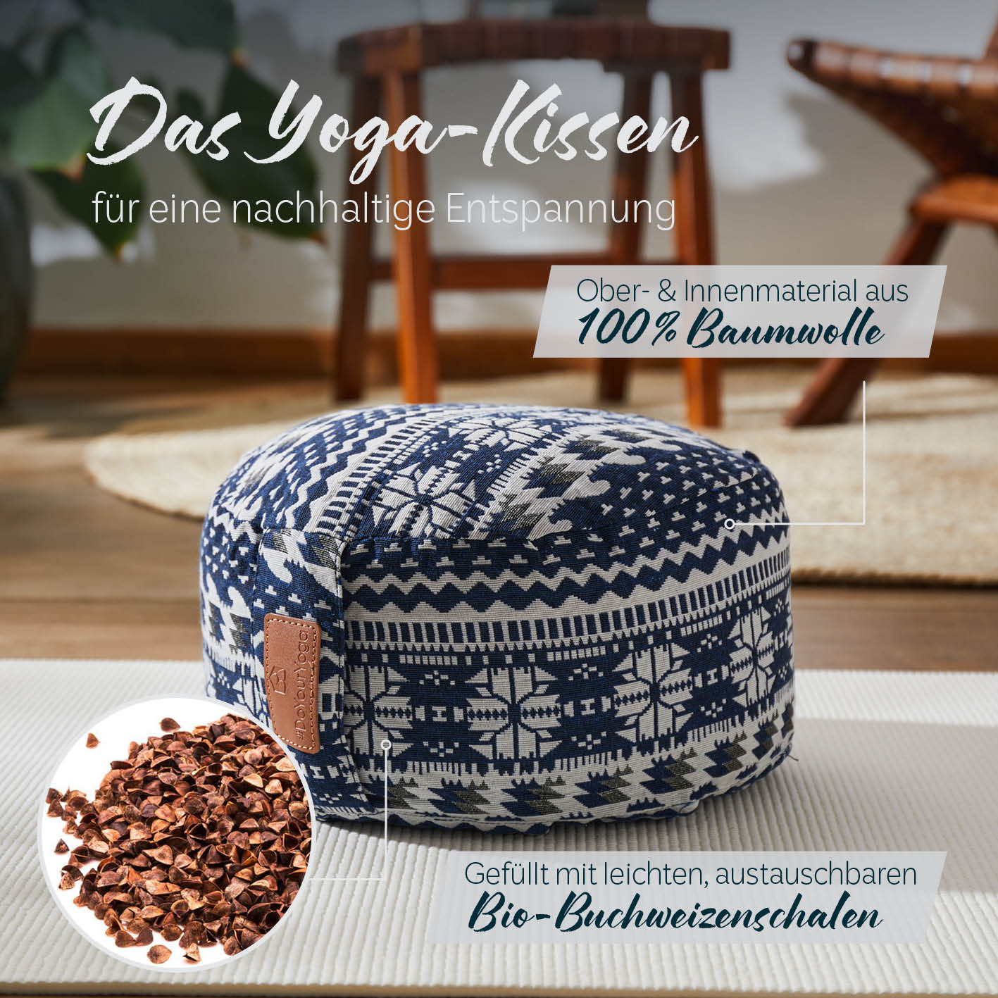 Yoga-Kissen Vishnu - gefüllt mit Bio-Buchweizenschalen - Rund 30 x 30 x 15 cm - Style 1 (Blau-Weiß)