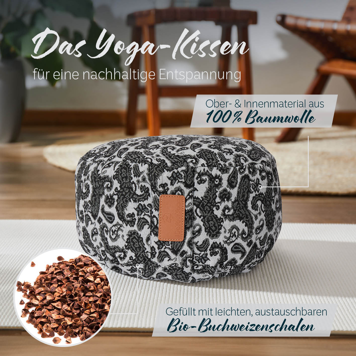 Yoga-Kissen Vishnu - gefüllt mit Bio-Buchweizenschalen - Rund 30 x 30 x 15 cm - Style 3 (Weiß-Schwarz)