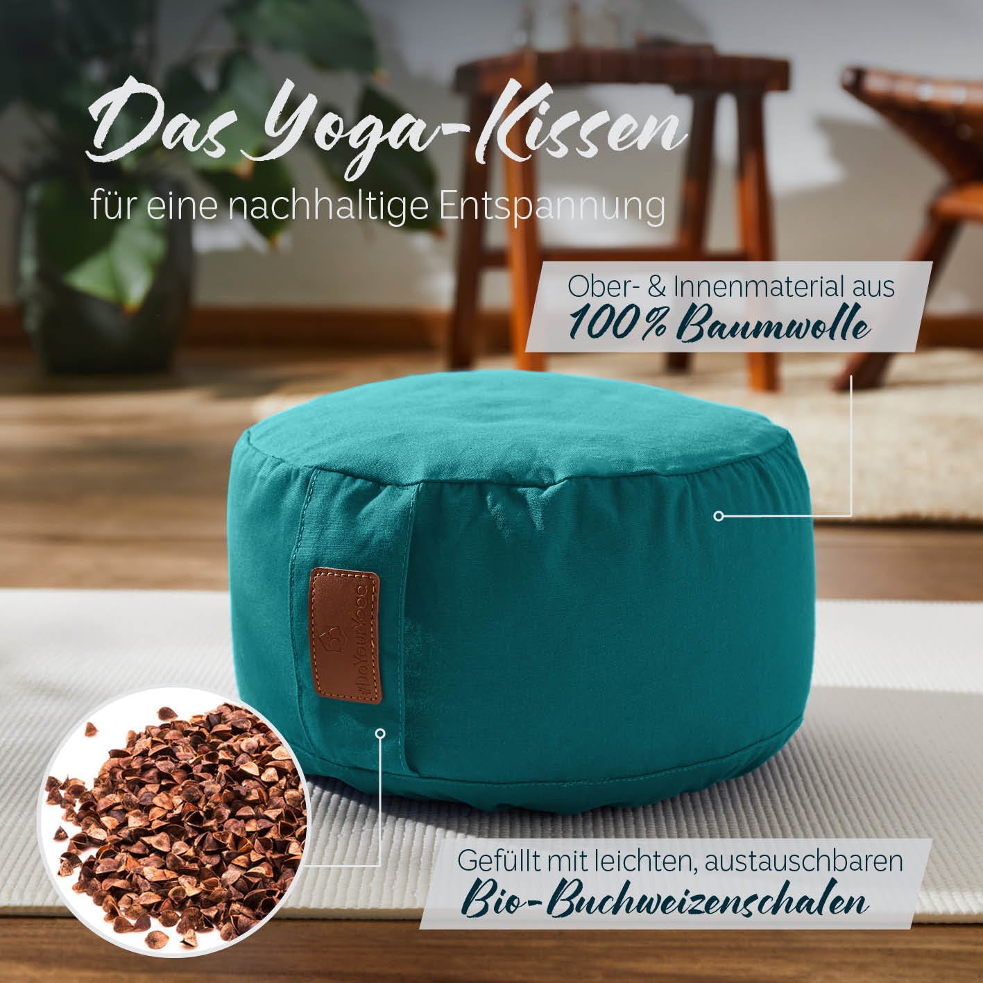 Yoga-Kissen Vishnu - gefüllt mit Bio-Buchweizenschalen - Rund 30 x 30 x 15 cm - Dunkelgrün