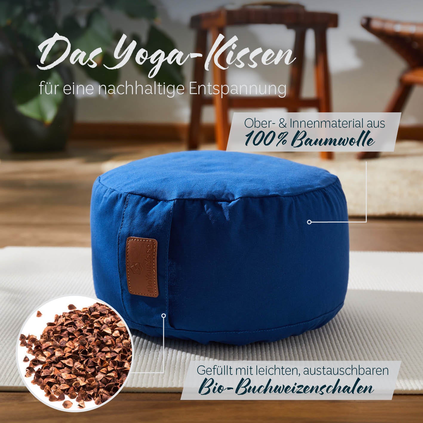 Yoga-Kissen Vishnu - gefüllt mit Bio-Buchweizenschalen - Rund 30 x 30 x 15 cm - Navyblau
