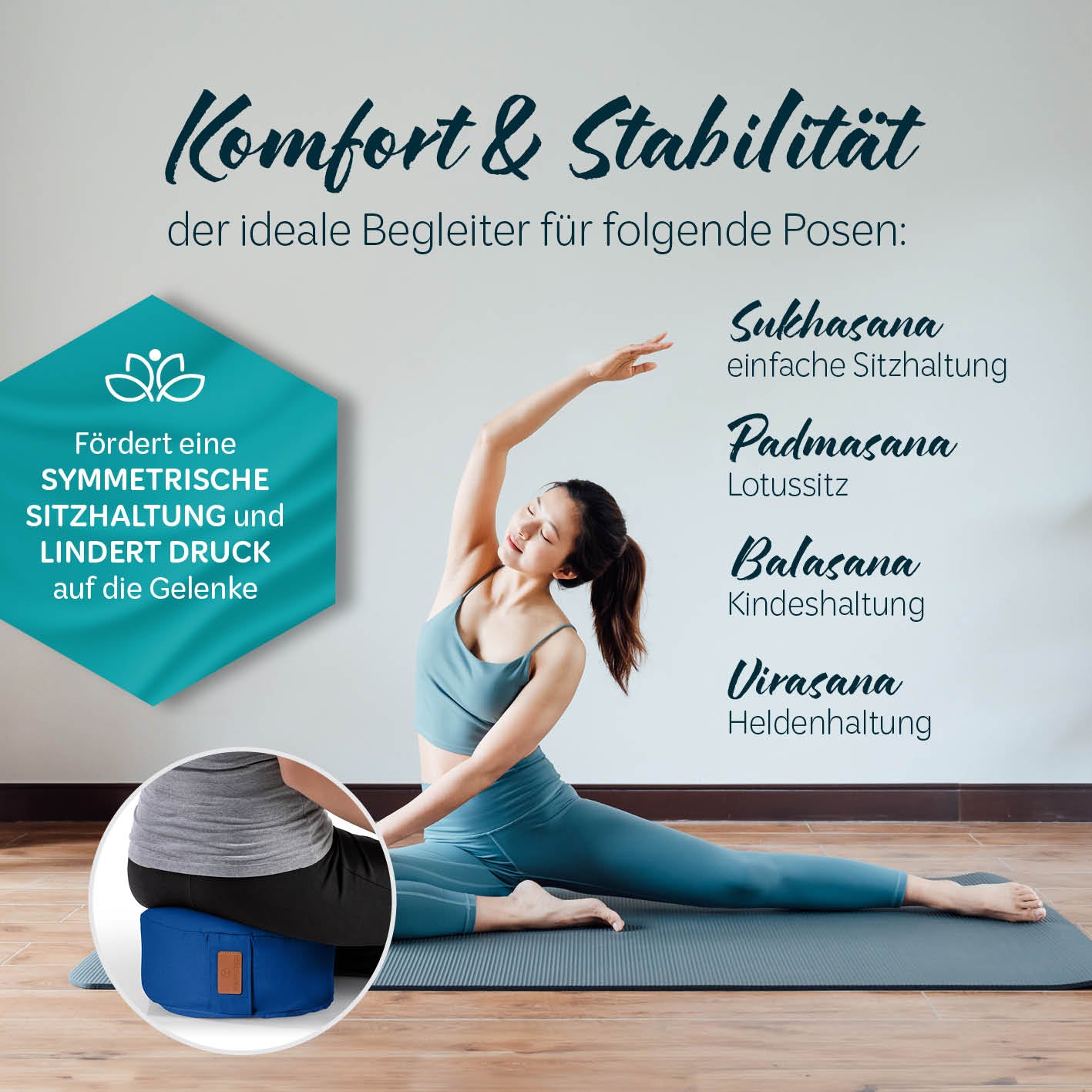 Yoga-Kissen Vishnu gefüllt mit Bio-Buchweizenschalen, rund 30x30x15 cm, navyblau, ideal für Yoga-Posen und Sitzhaltungskomfort.
