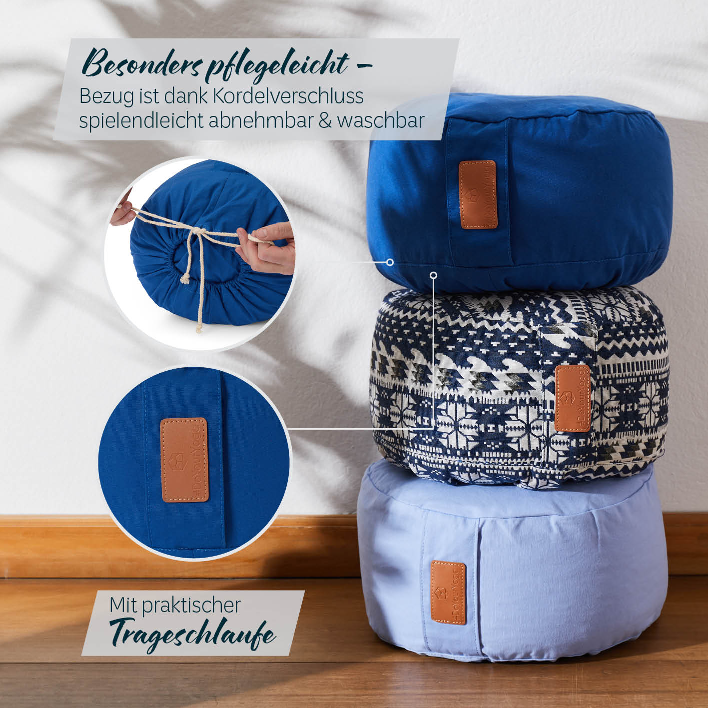 Yoga-Kissen Vishnu gefüllt mit Bio-Buchweizenschalen, rund 30x30x15 cm, navyblau, pflegeleicht, mit Kordelverschluss und Trageschlaufe.